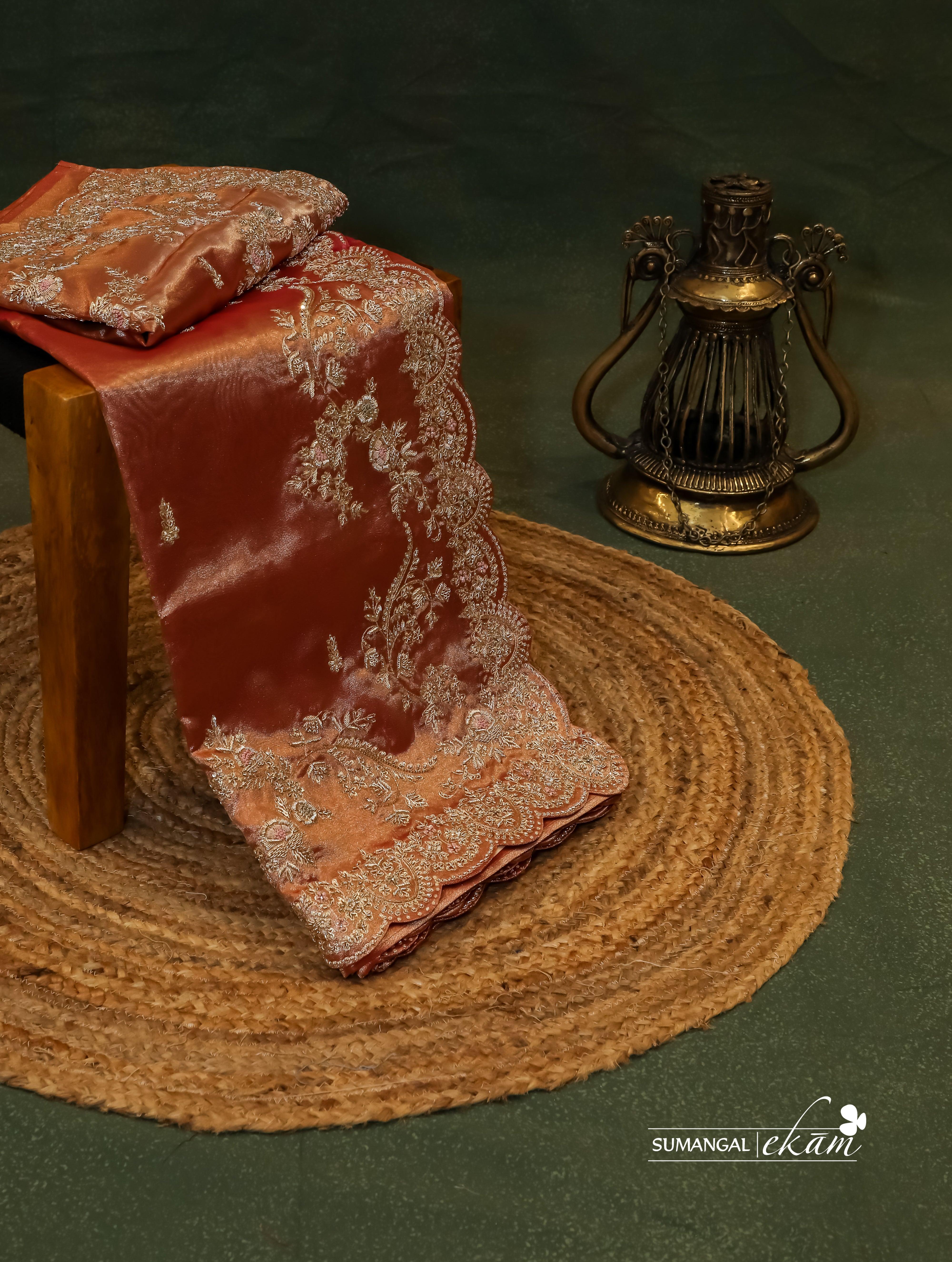 Designer Rust Tissue Silk Saree - Sumangal Ekam