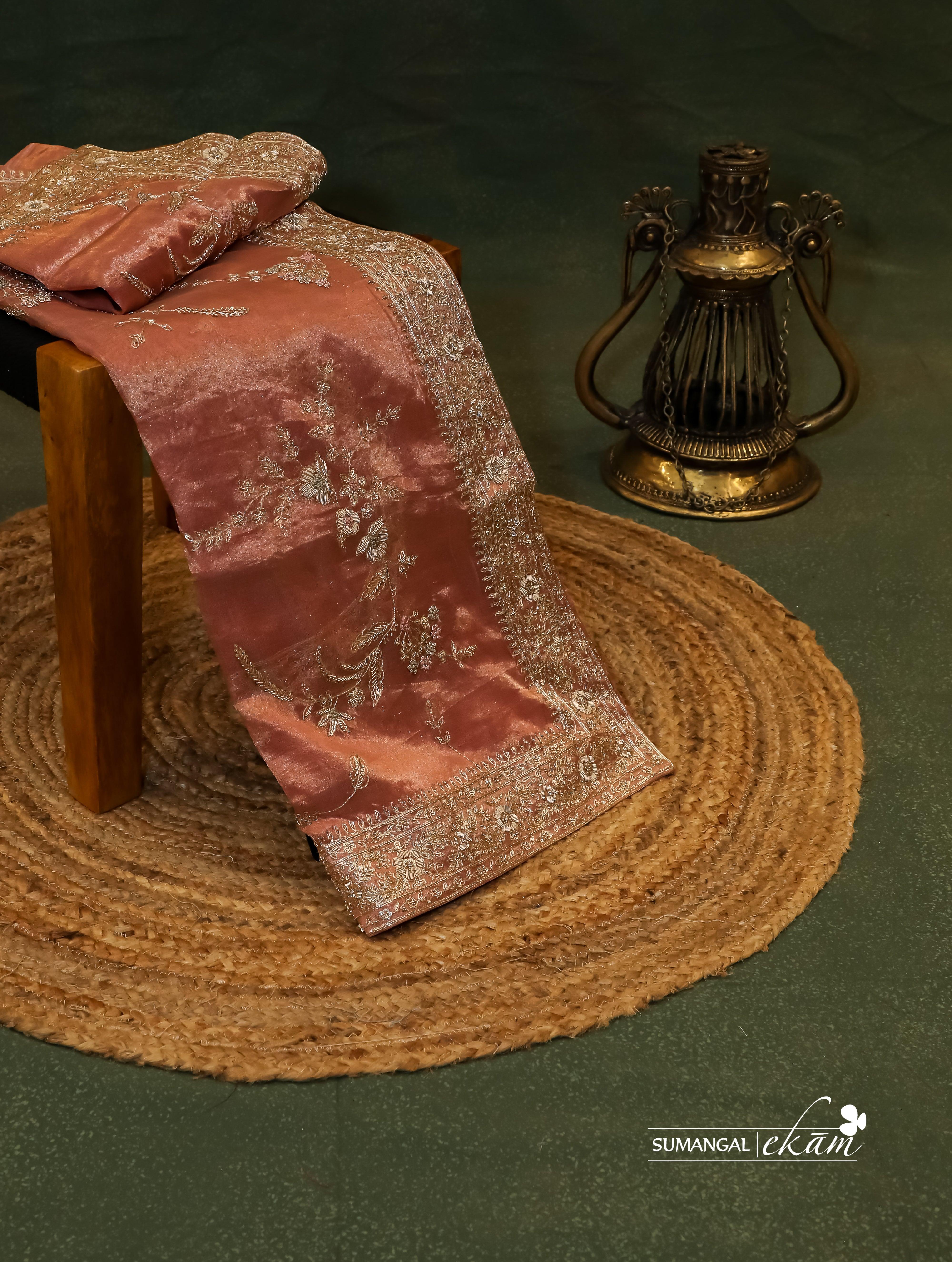 Designer Rust Tissue Silk Saree - Sumangal Ekam