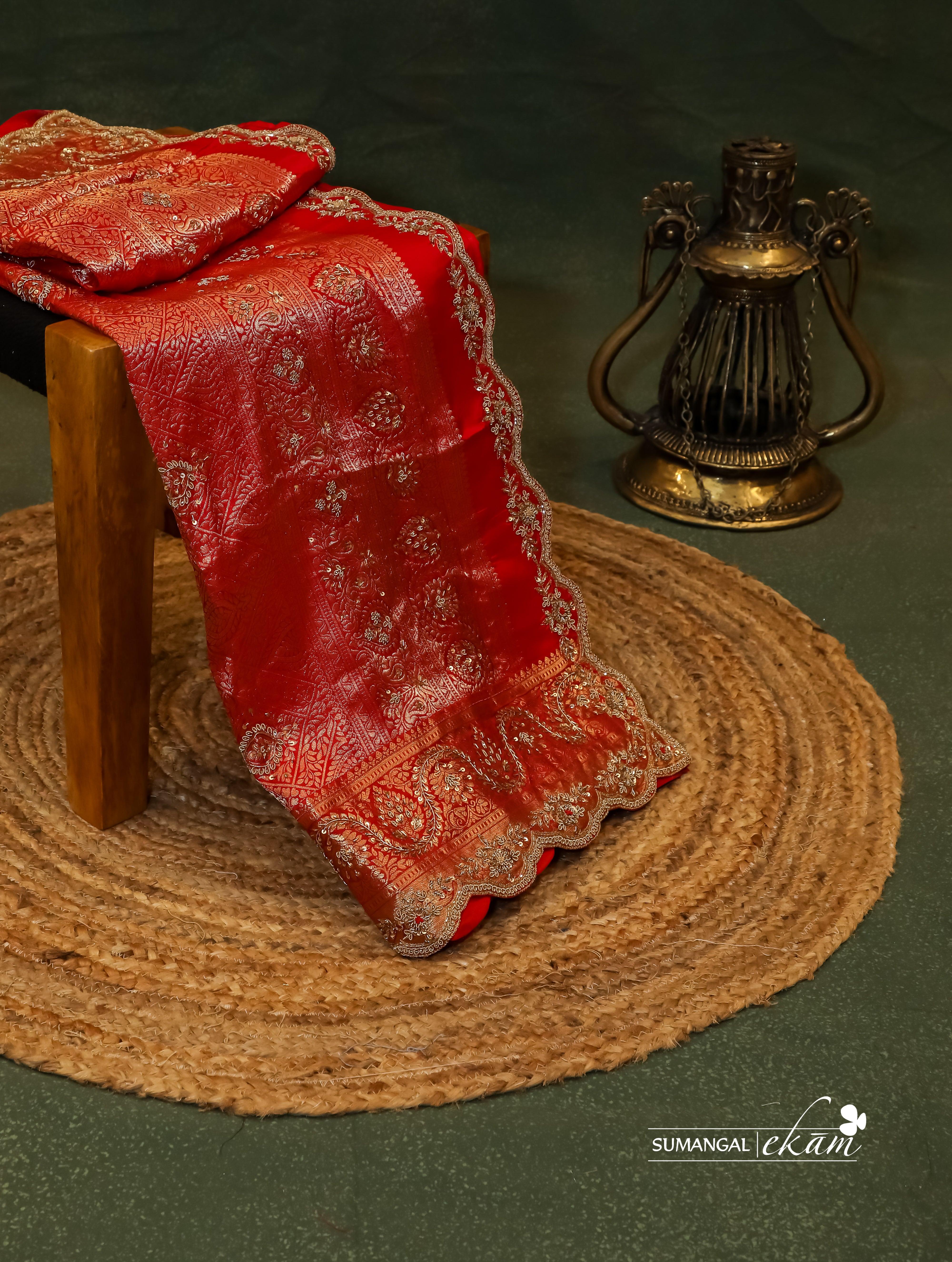 Designer Red Katan Silk Saree - Sumangal Ekam