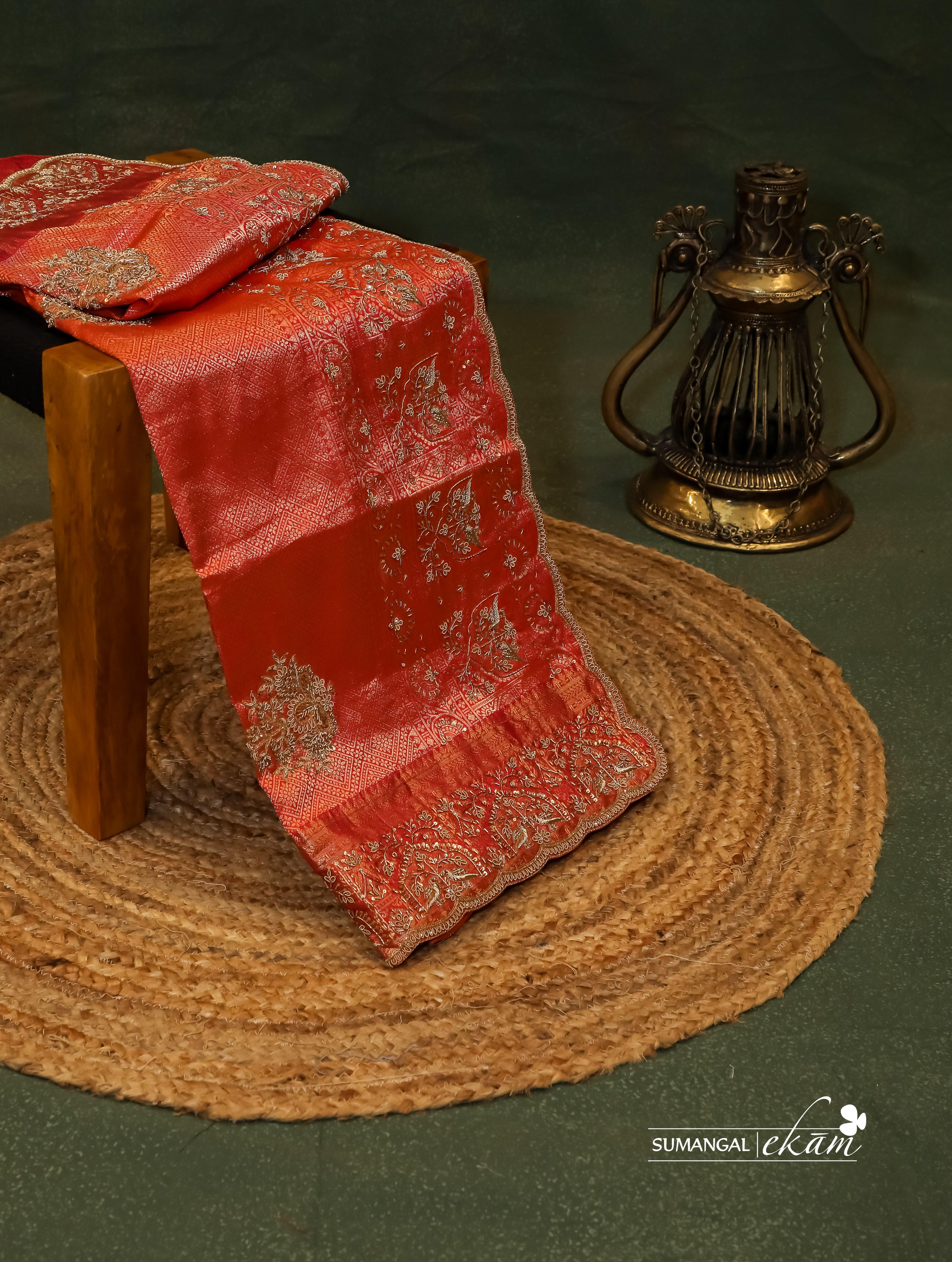 Designer Red Katan Silk Saree - Sumangal Ekam