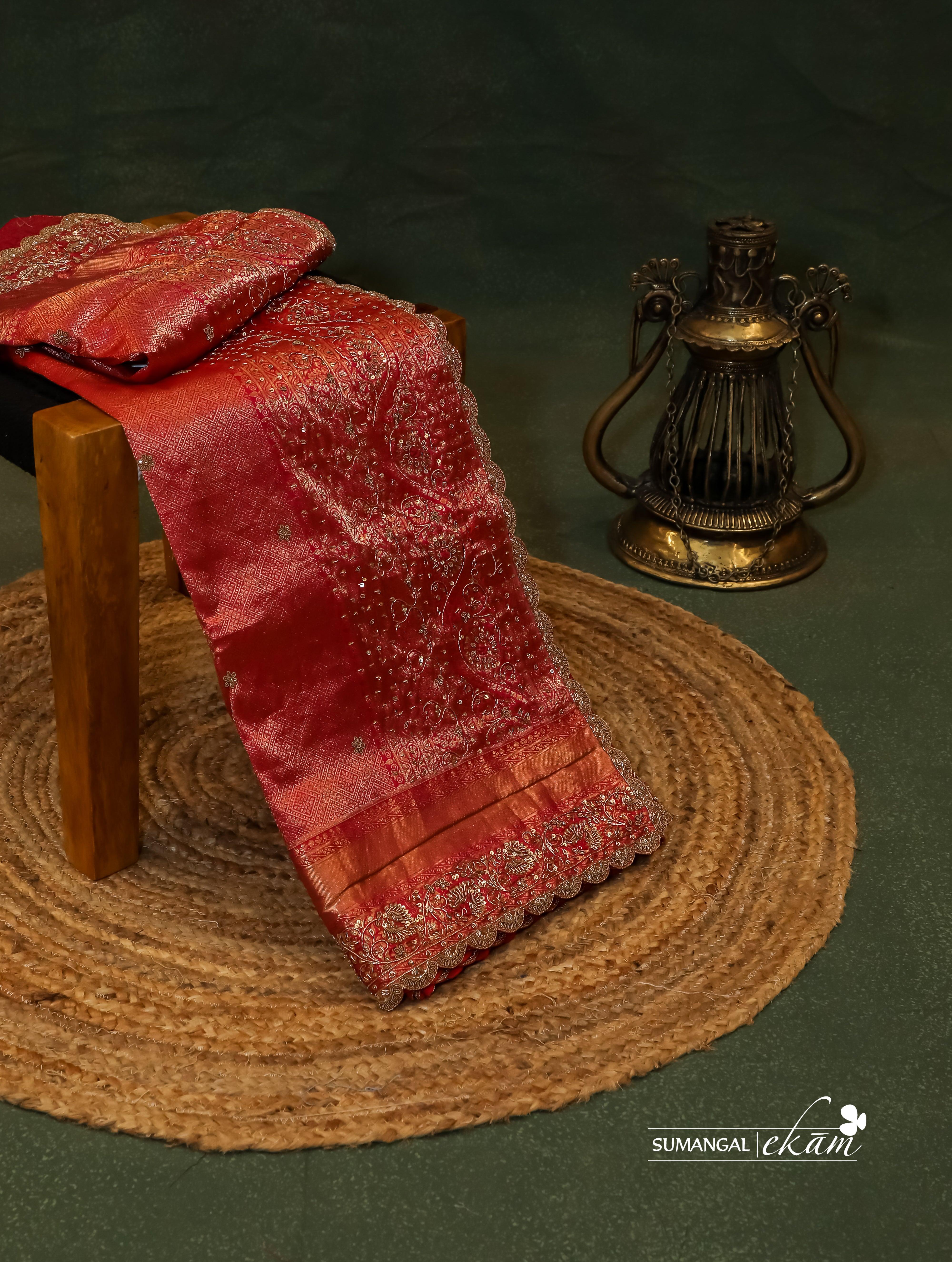 Designer Red Katan Silk Saree - Sumangal Ekam