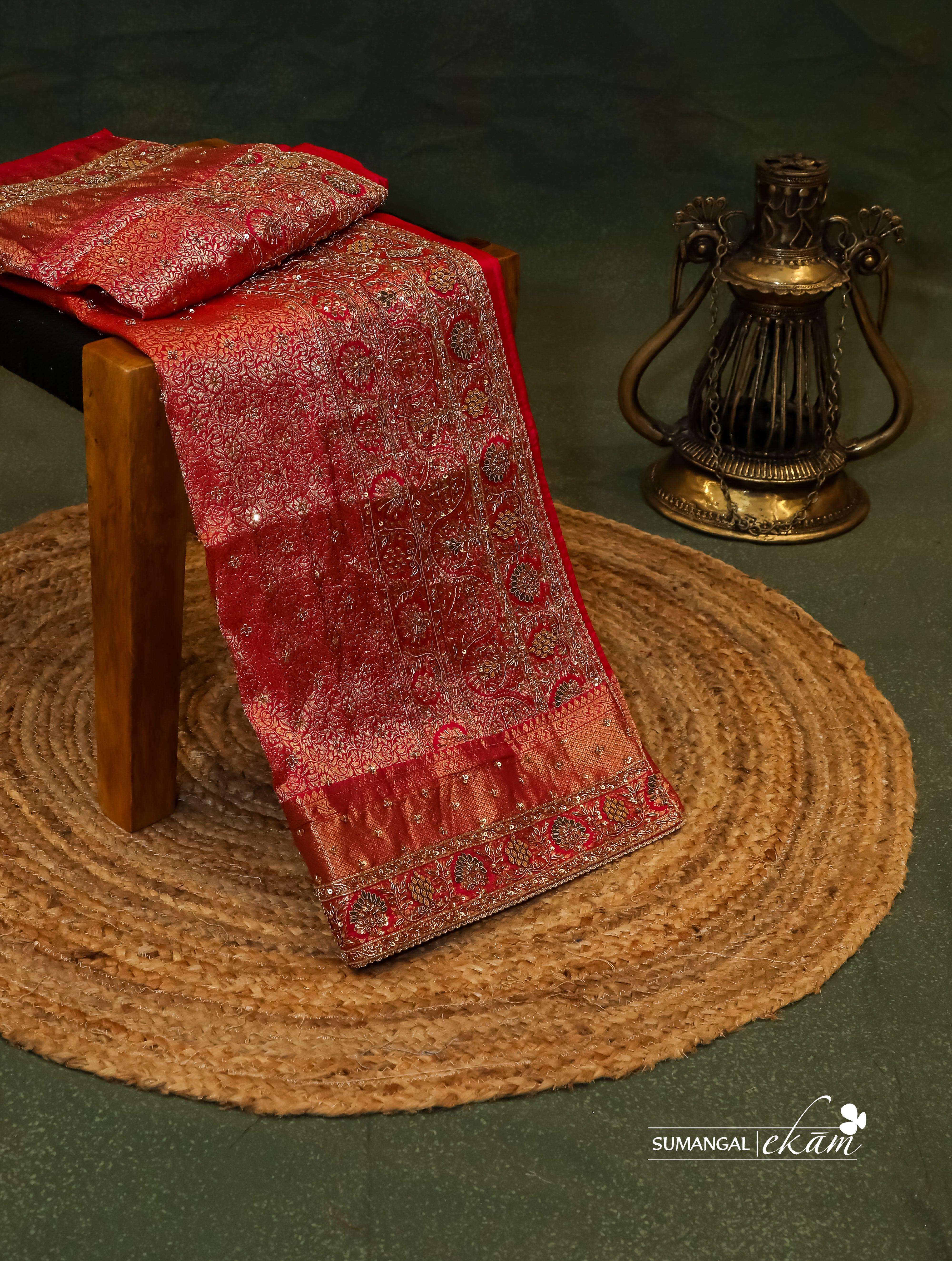 Designer Red Katan Silk Saree - Sumangal Ekam