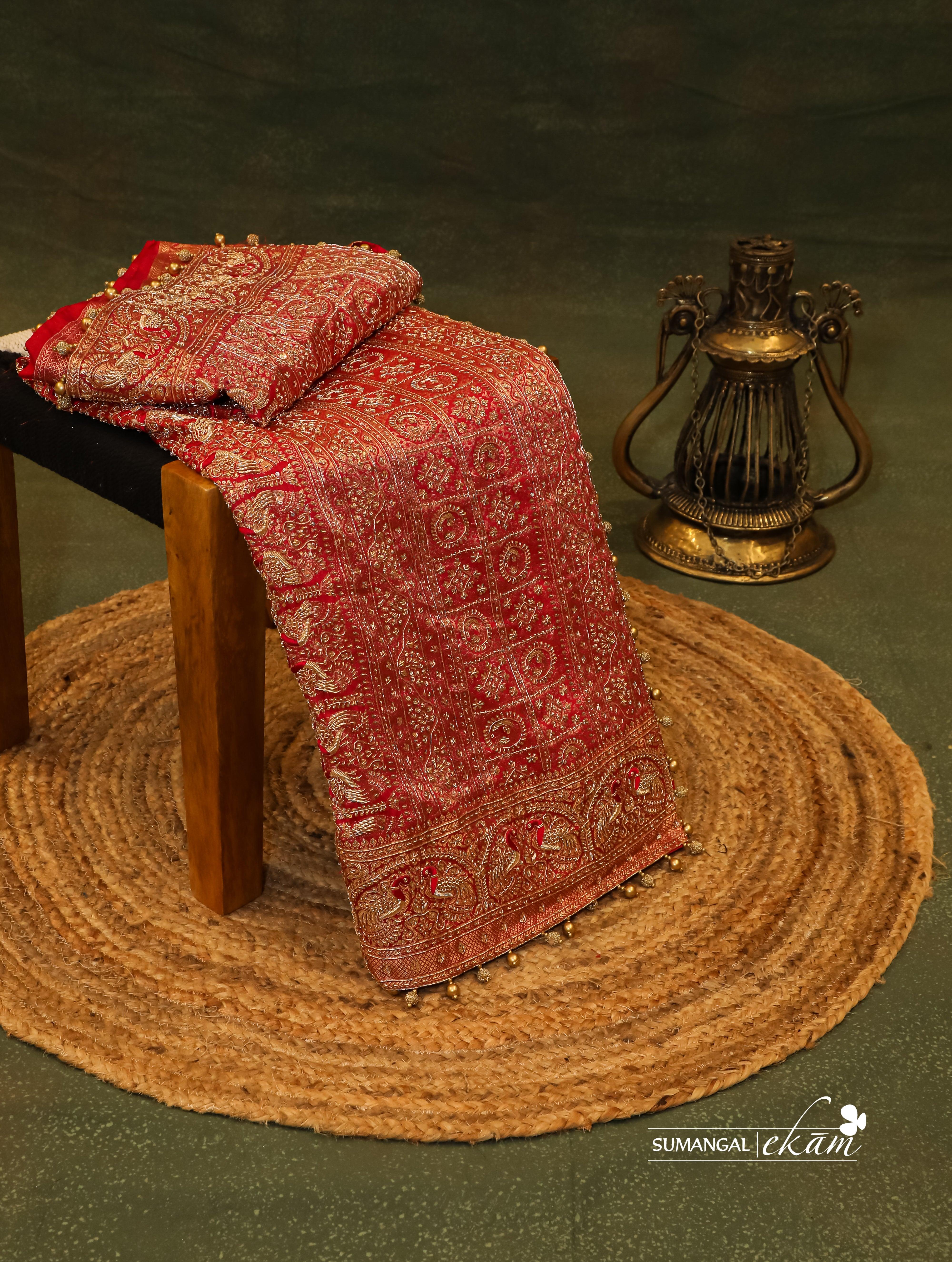 Designer Red Katan Silk Saree - Sumangal Ekam