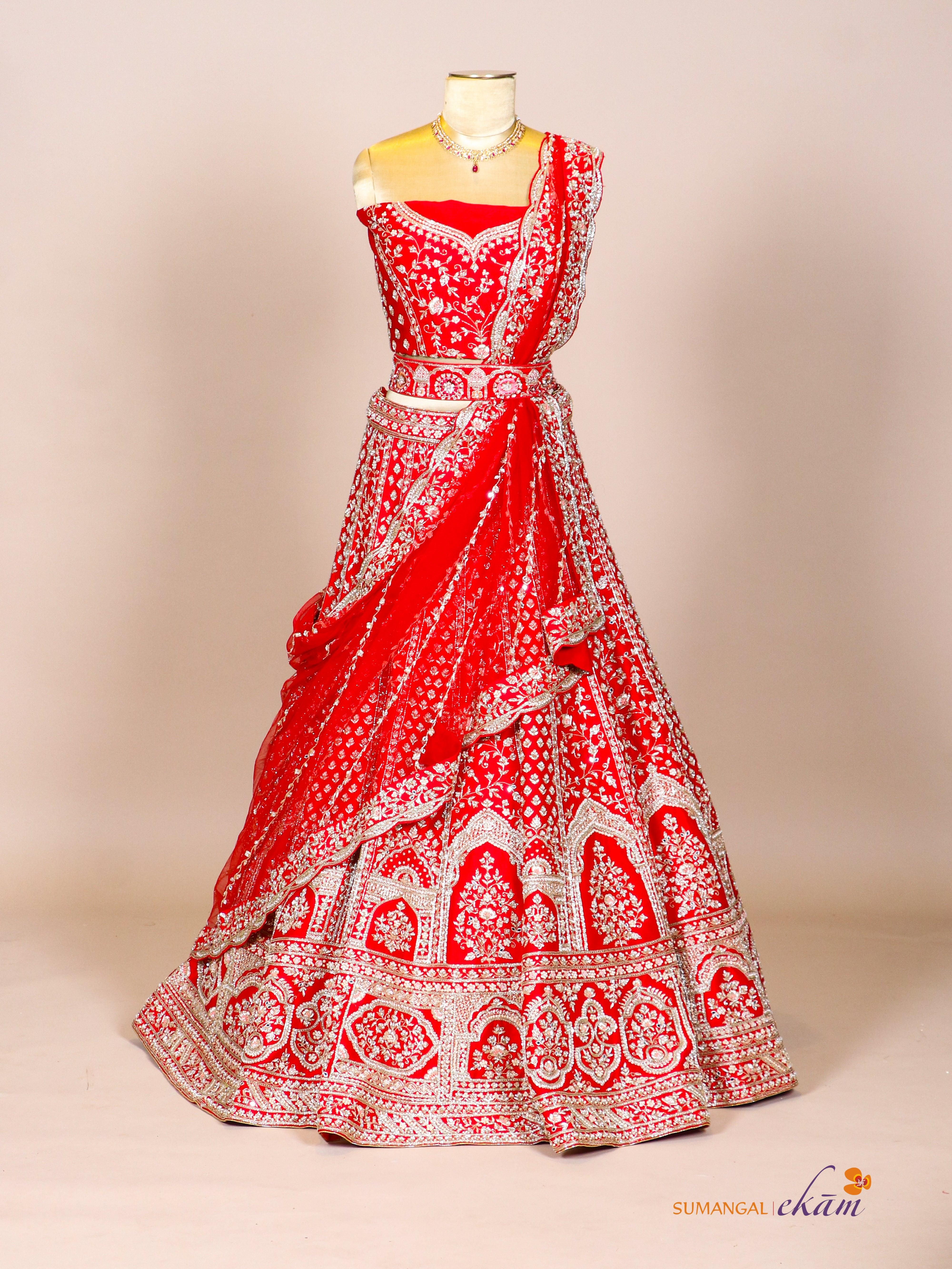 Designer Red Raw Silk Bridal Lehenga - Sumangal Ekam