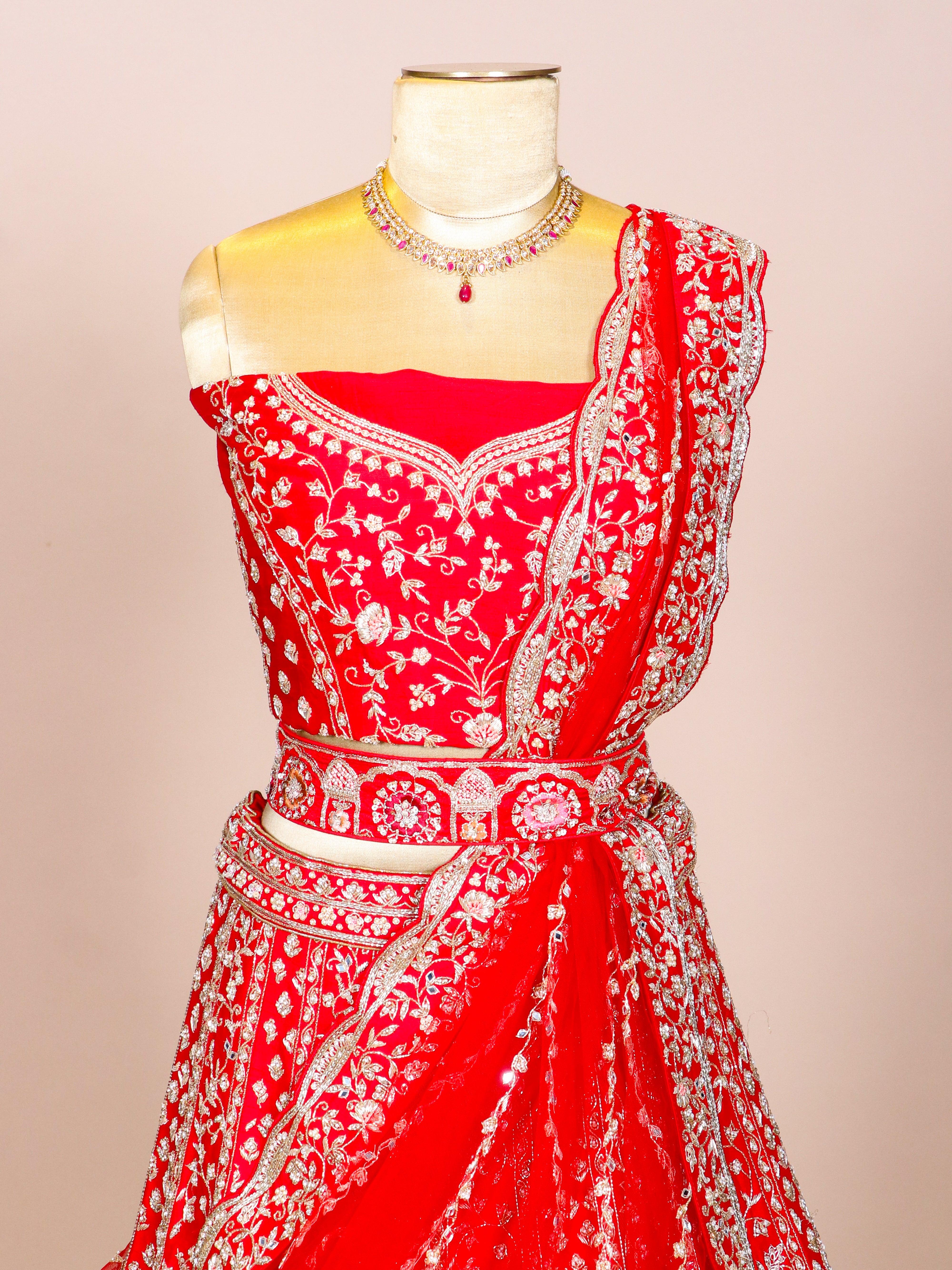Designer Red Raw Silk Bridal Lehenga - Sumangal Ekam