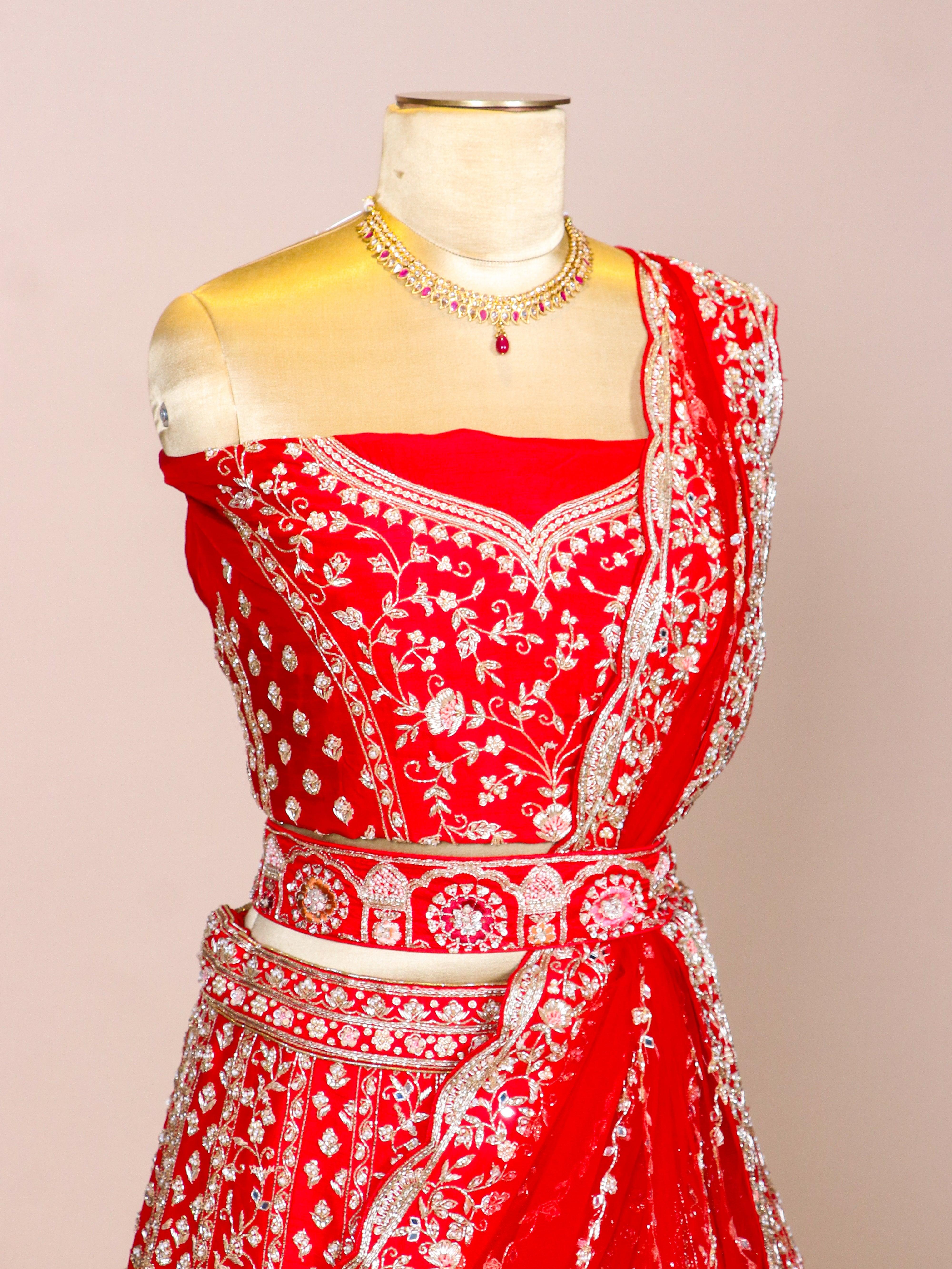Designer Red Raw Silk Bridal Lehenga - Sumangal Ekam