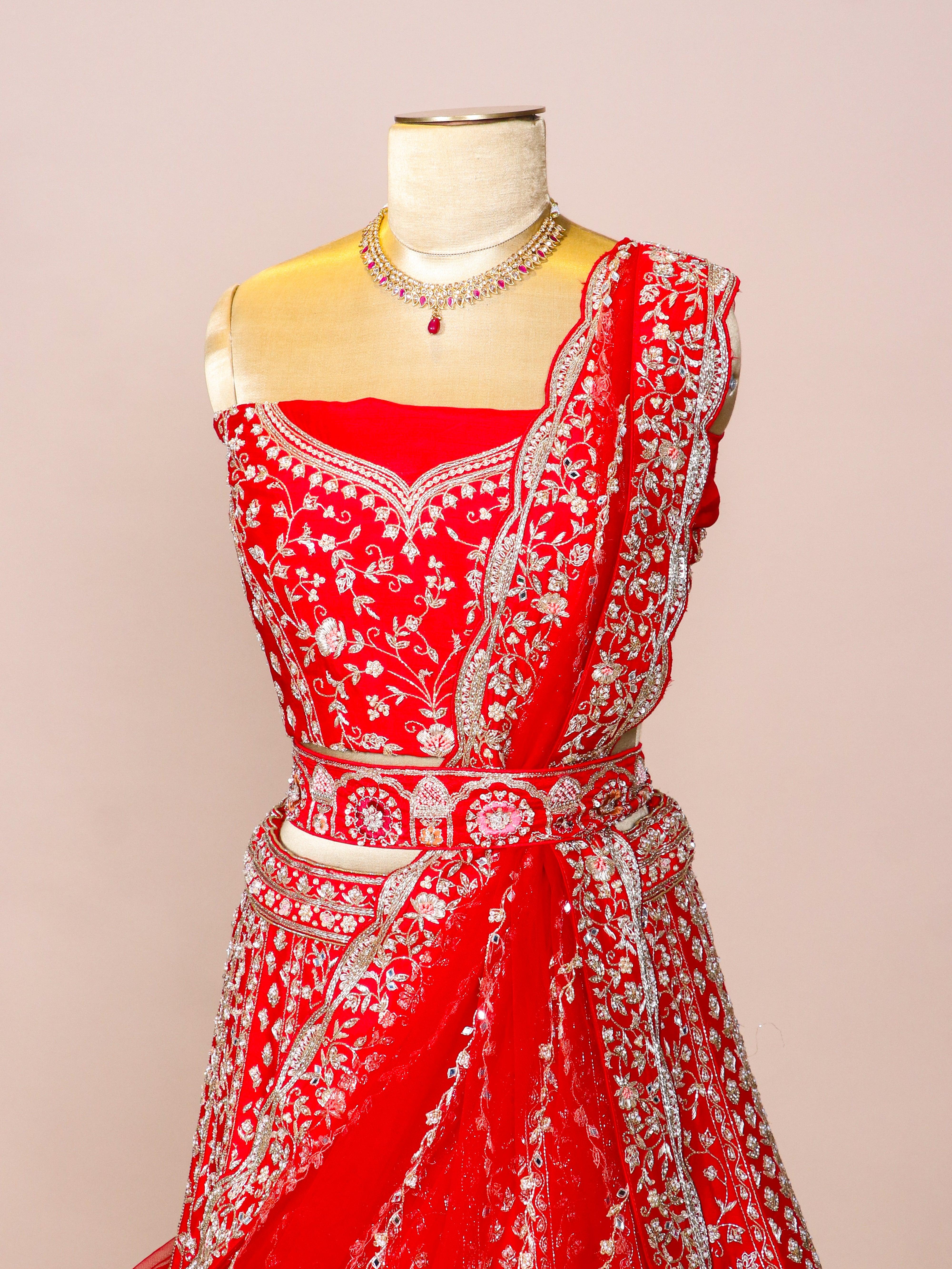 Designer Red Raw Silk Bridal Lehenga - Sumangal Ekam