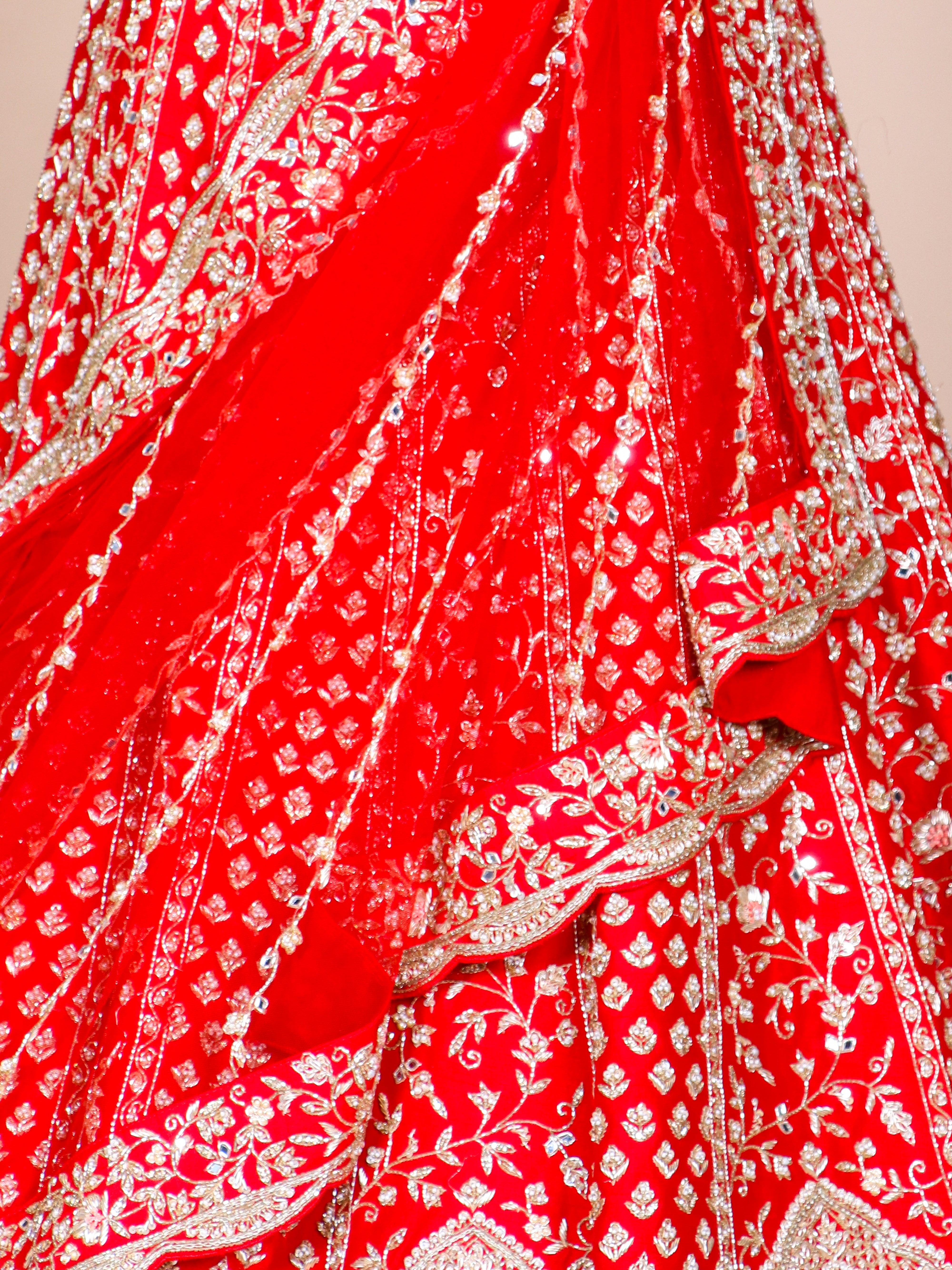 Designer Red Raw Silk Bridal Lehenga - Sumangal Ekam