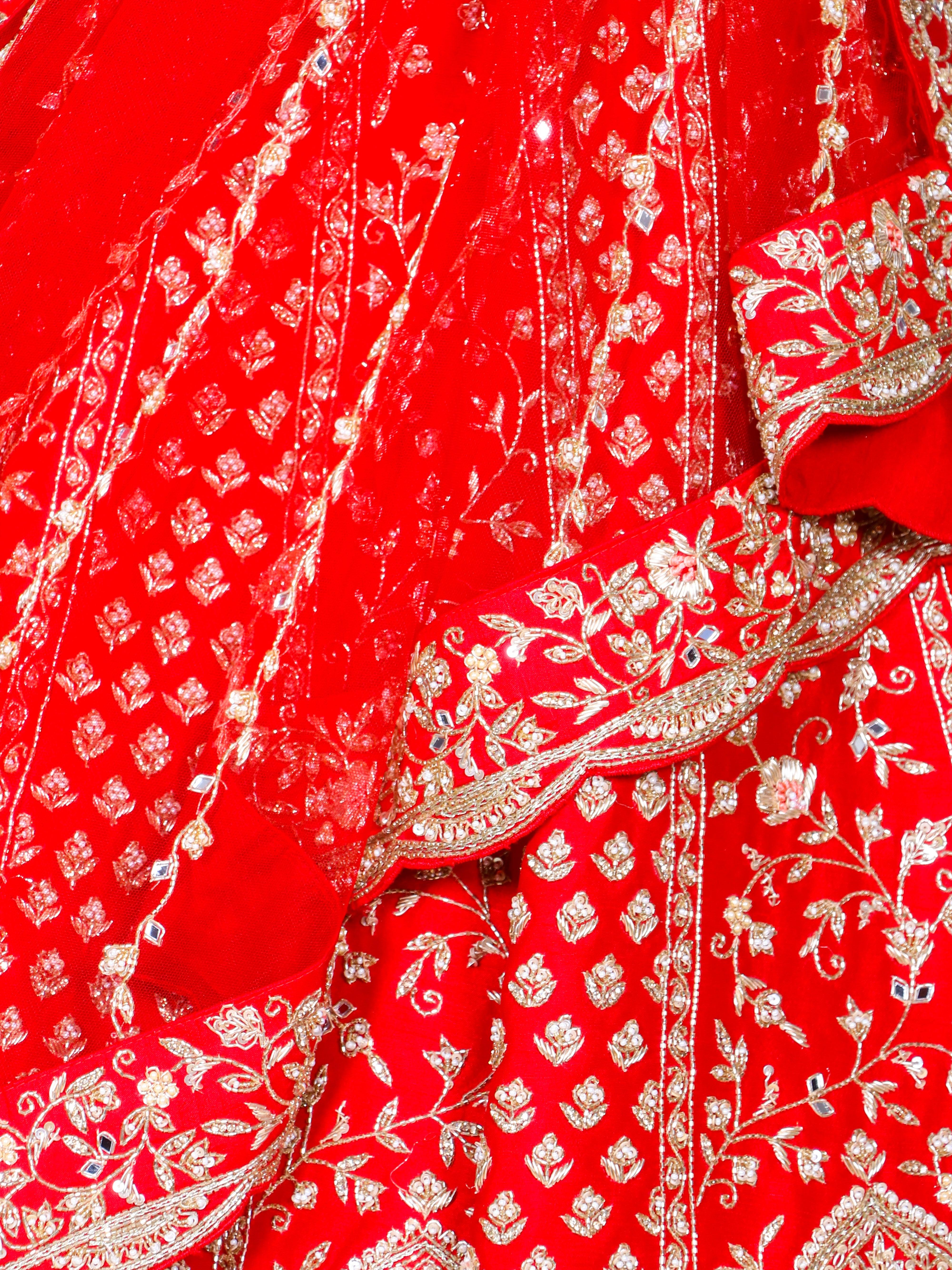 Designer Red Raw Silk Bridal Lehenga - Sumangal Ekam