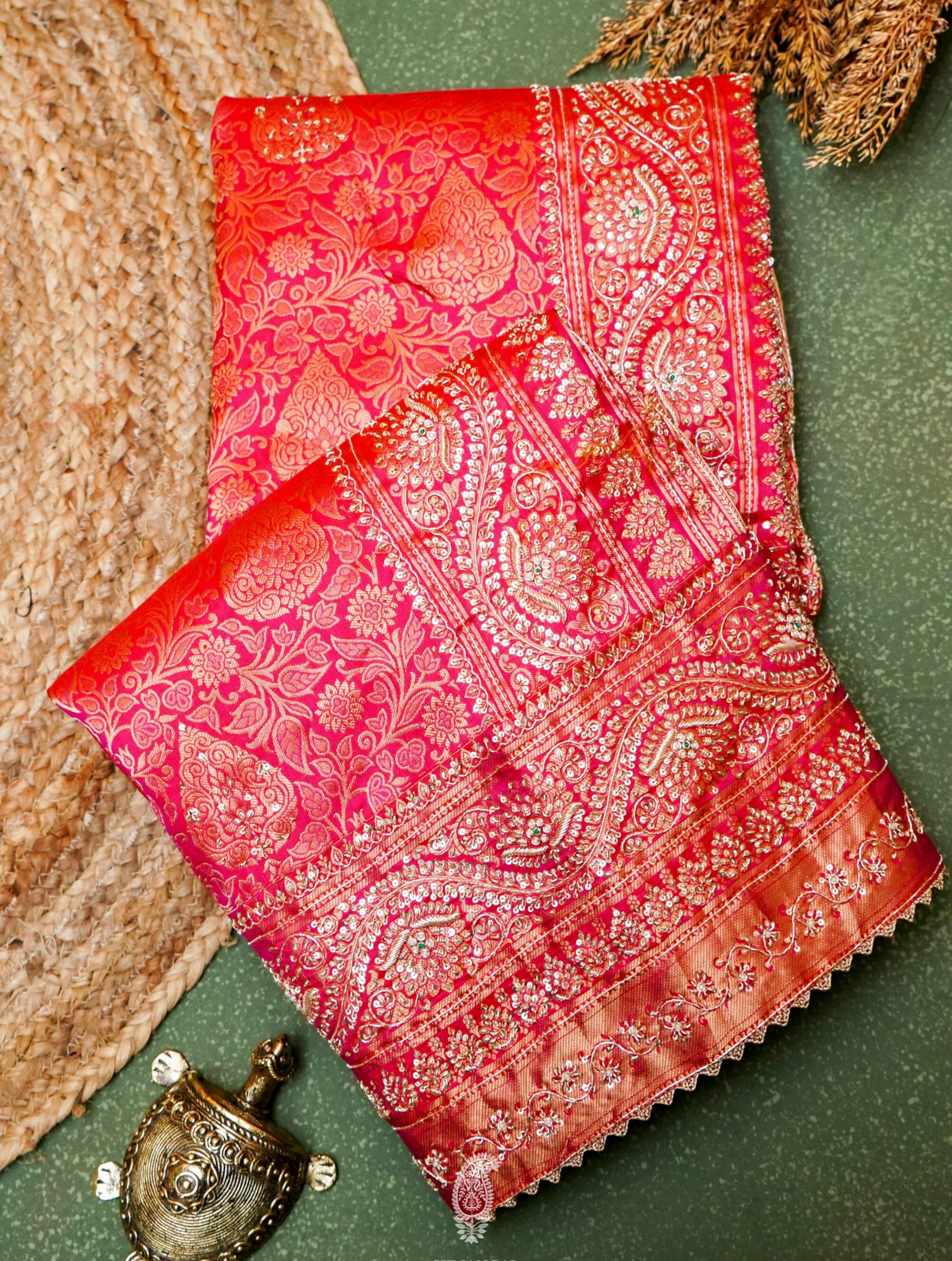 Designer Red Bridal Katan Silk Saree