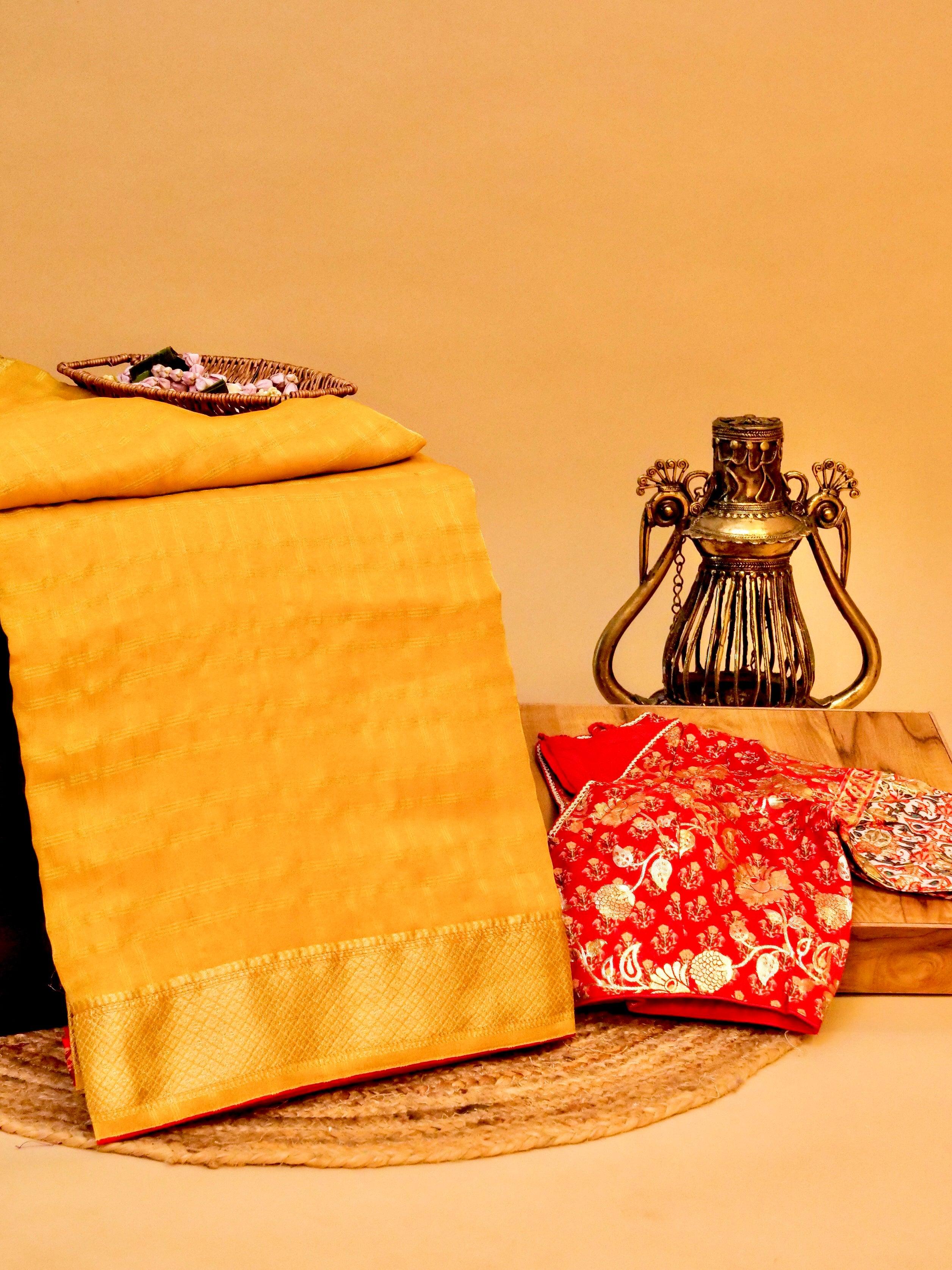 Handwoven Mustard Yellow Banarasi Georgette Tissue Silk Saree - Sumangal Ekam