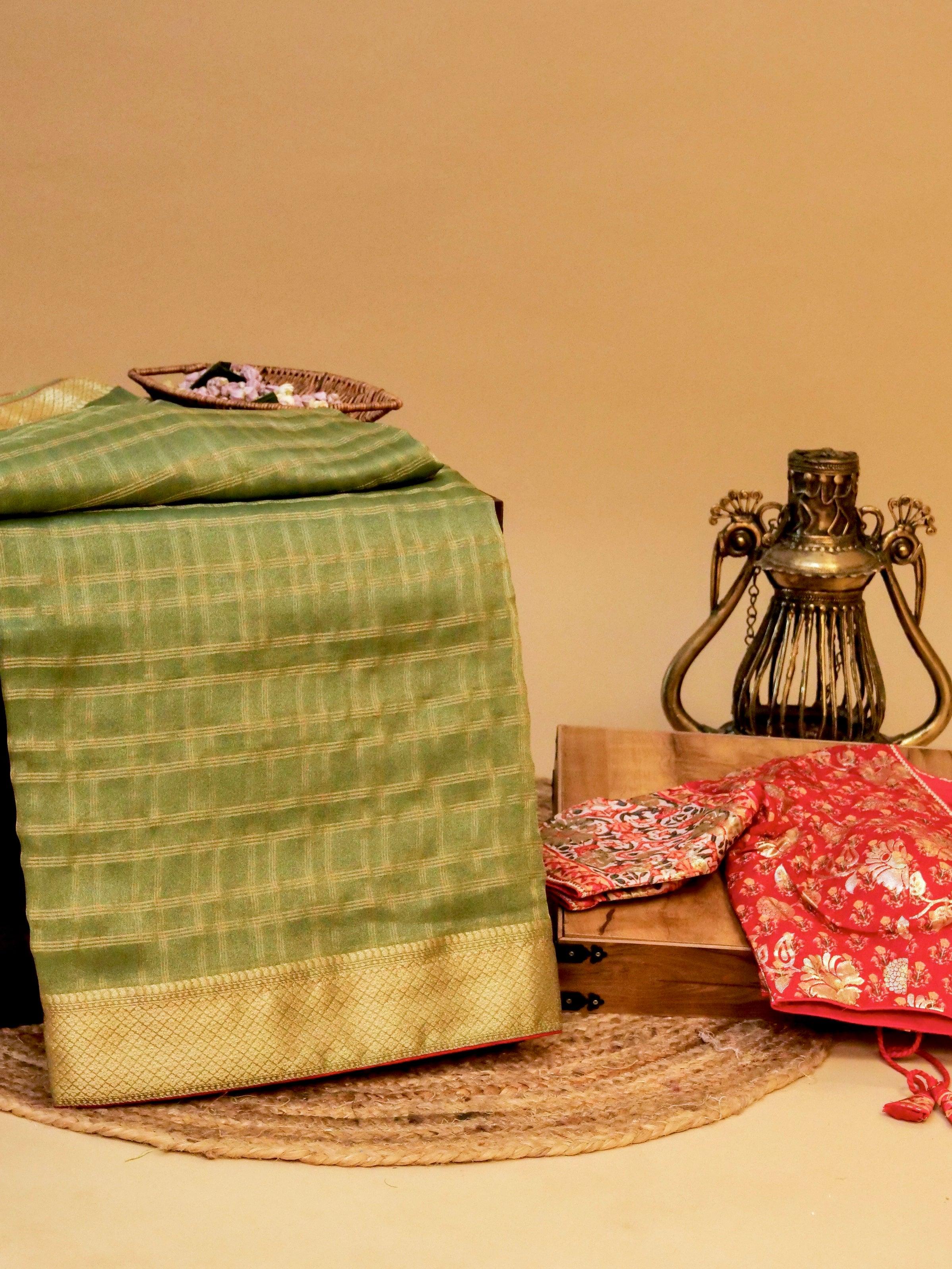 Handwoven Green Banarasi Georgette Tissue Silk Saree - Sumangal Ekam