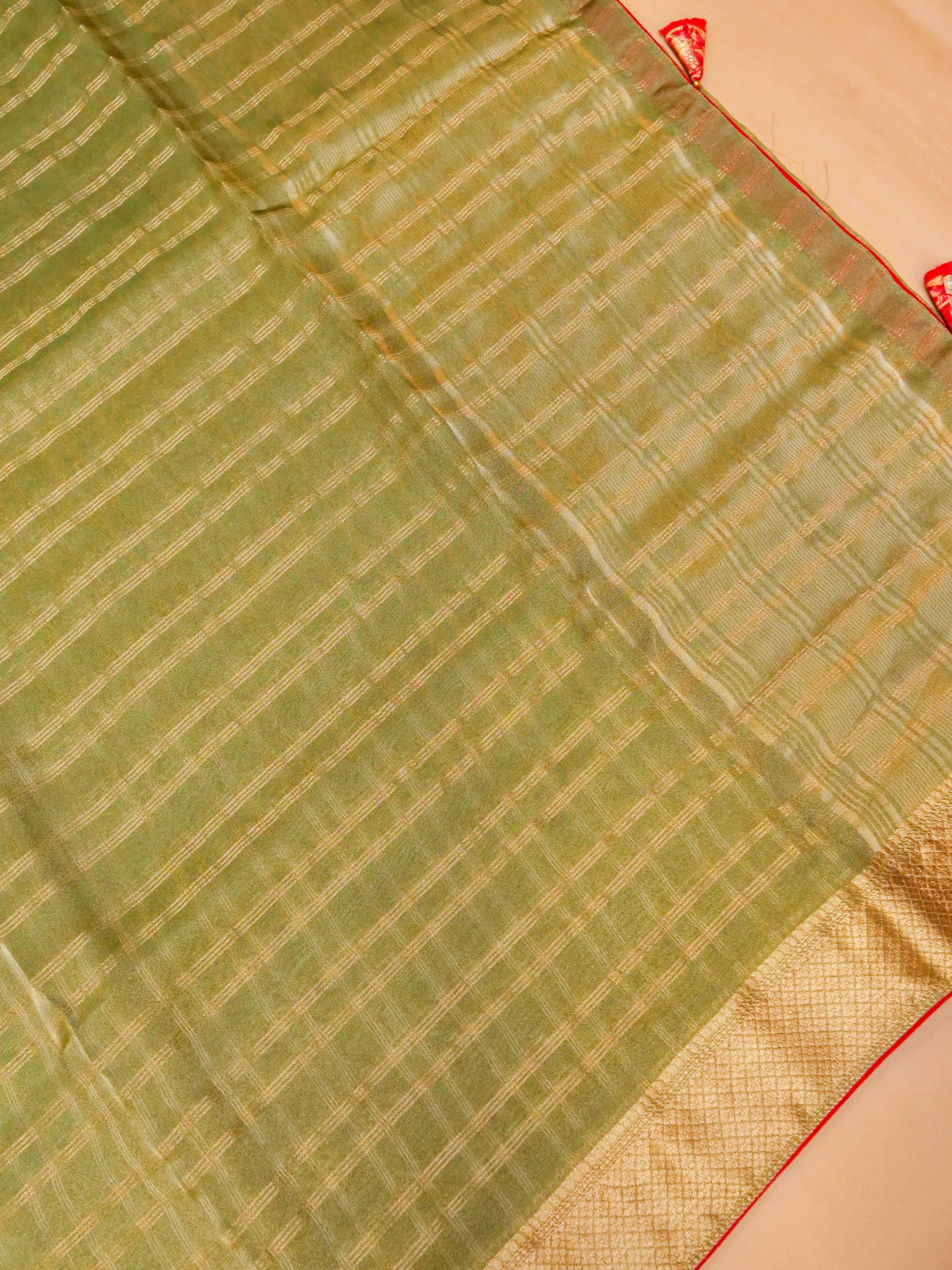 Handwoven Green Banarasi Georgette Tissue Silk Saree - Sumangal Ekam