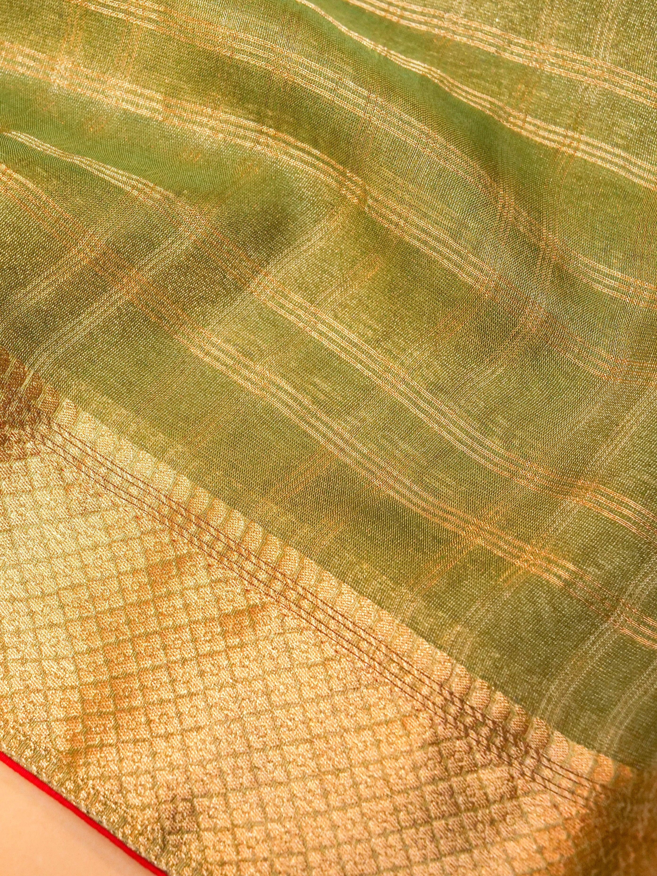 Handwoven Green Banarasi Georgette Tissue Silk Saree - Sumangal Ekam