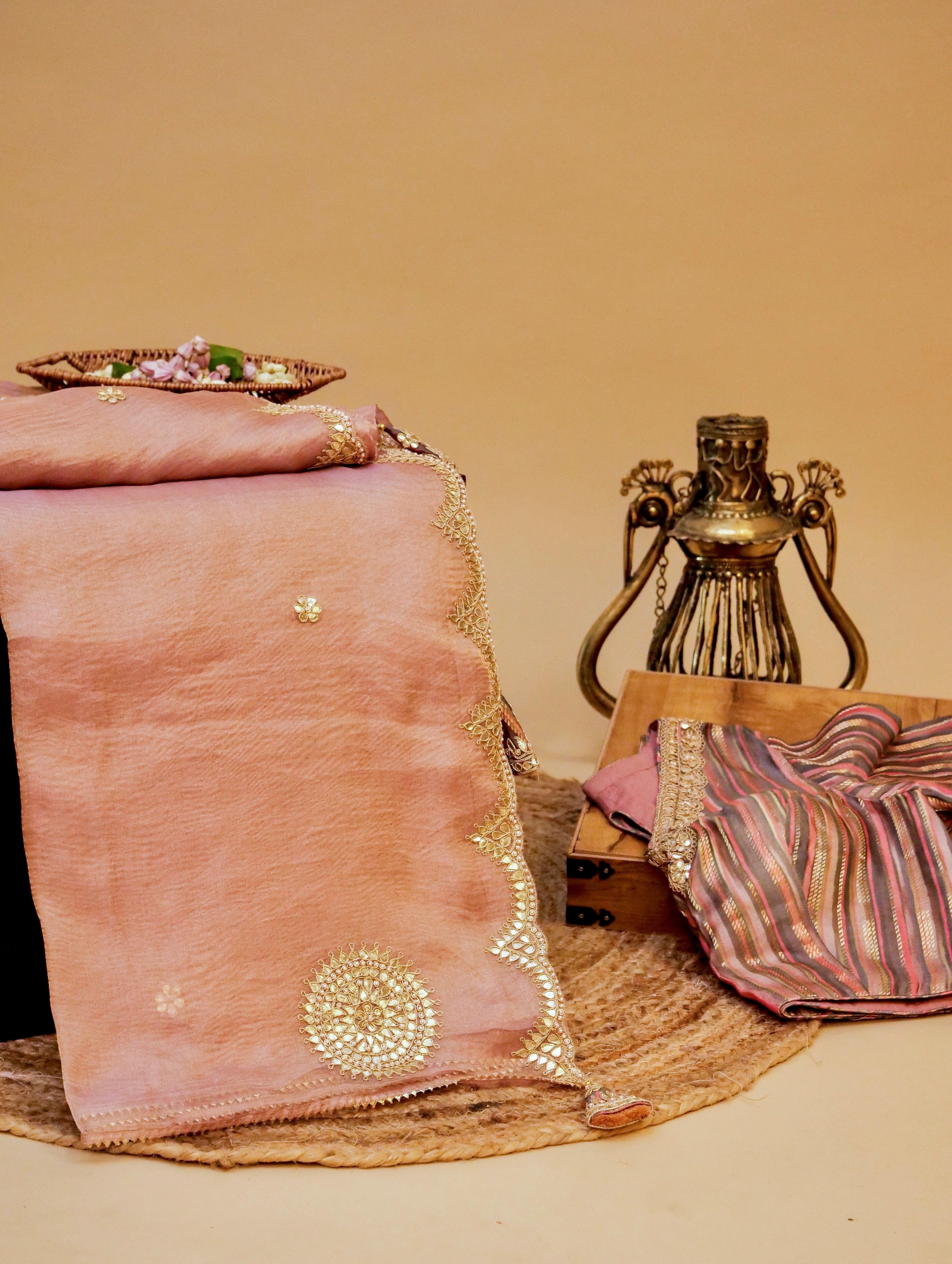Designer Peach Crush Tissue Silk Saree - Sumangal Ekam