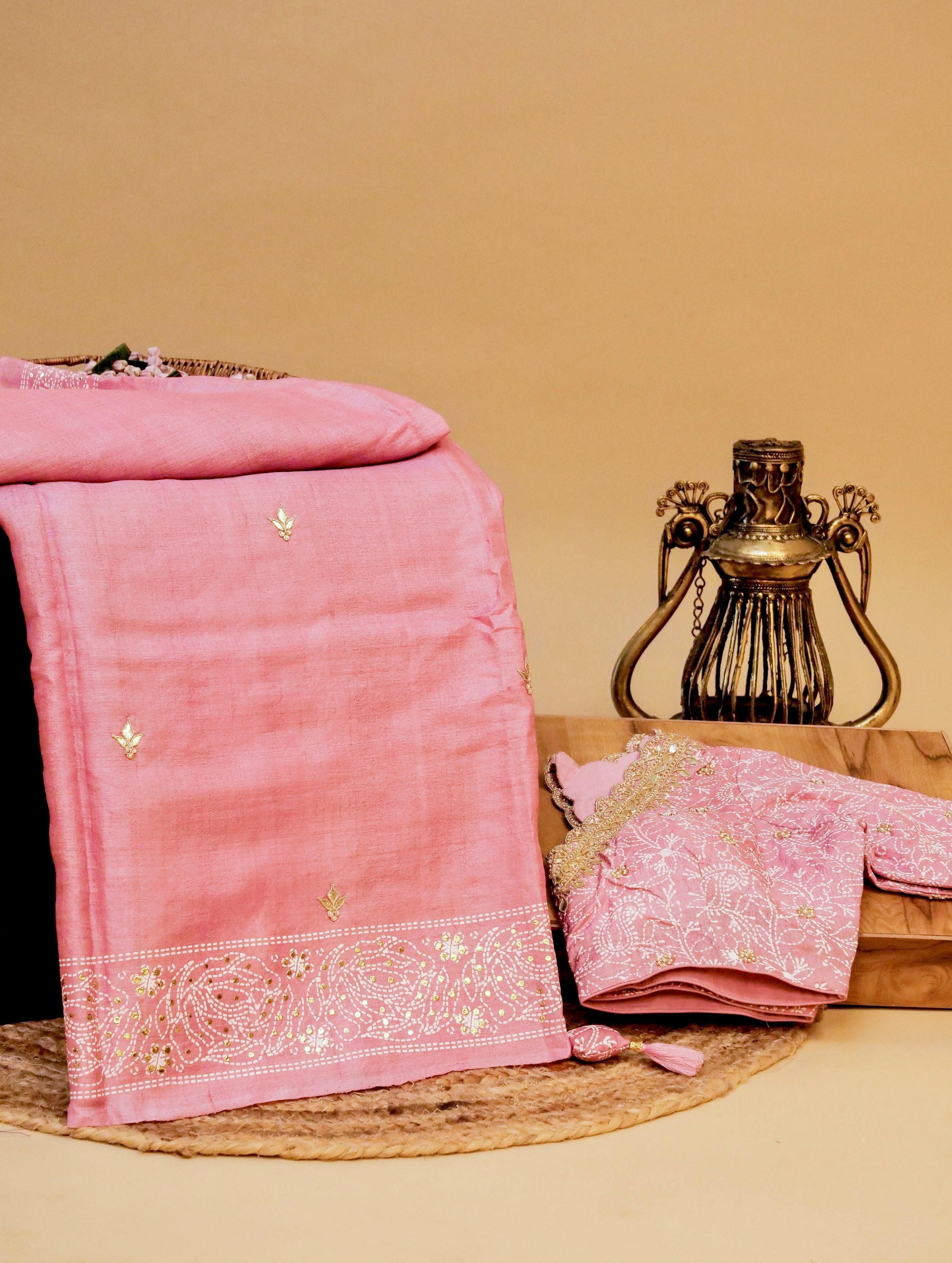 Designer Pink Tussar Silk Saree - Sumangal Ekam