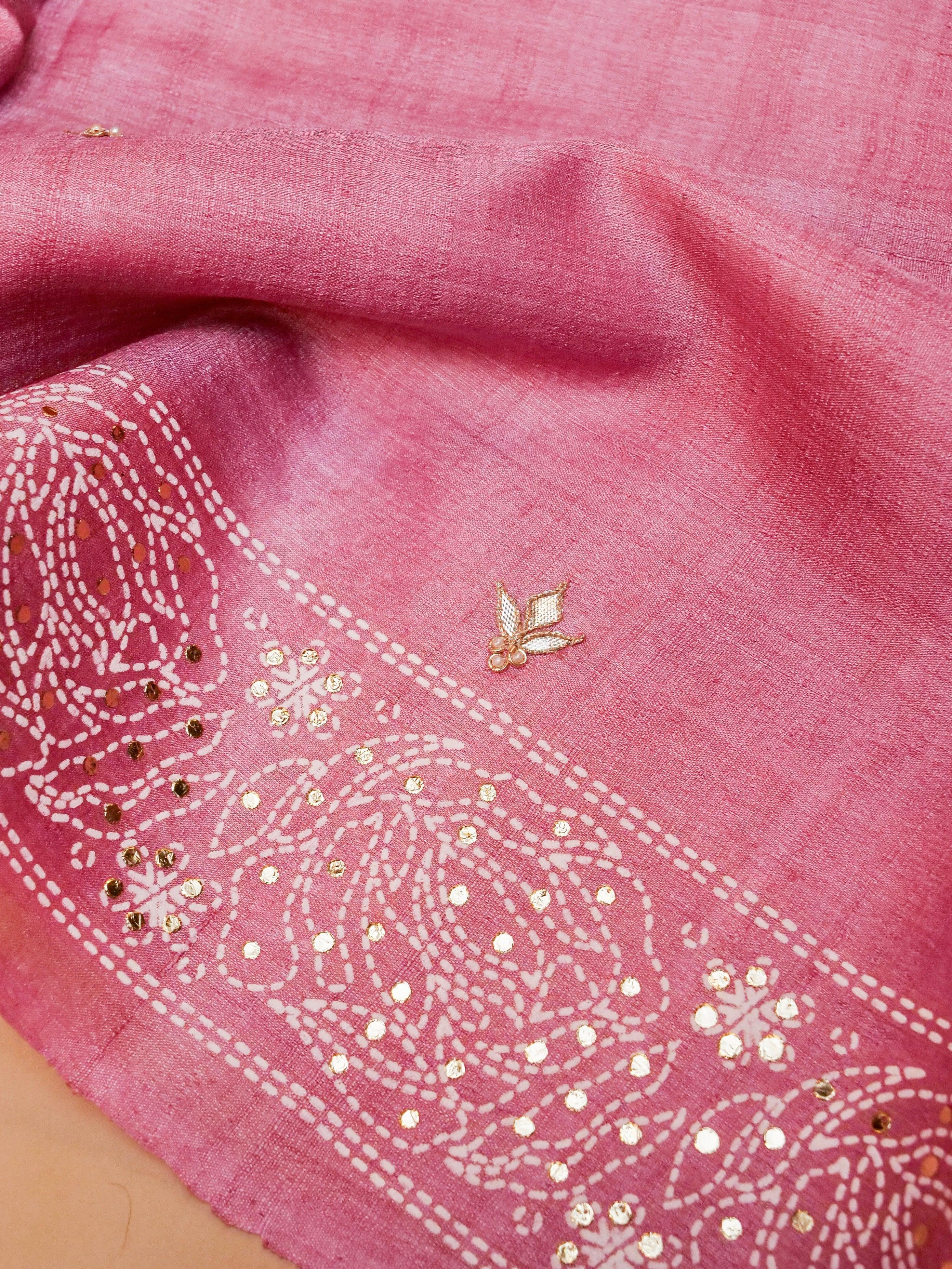 Designer Pink Tussar Silk Saree - Sumangal Ekam