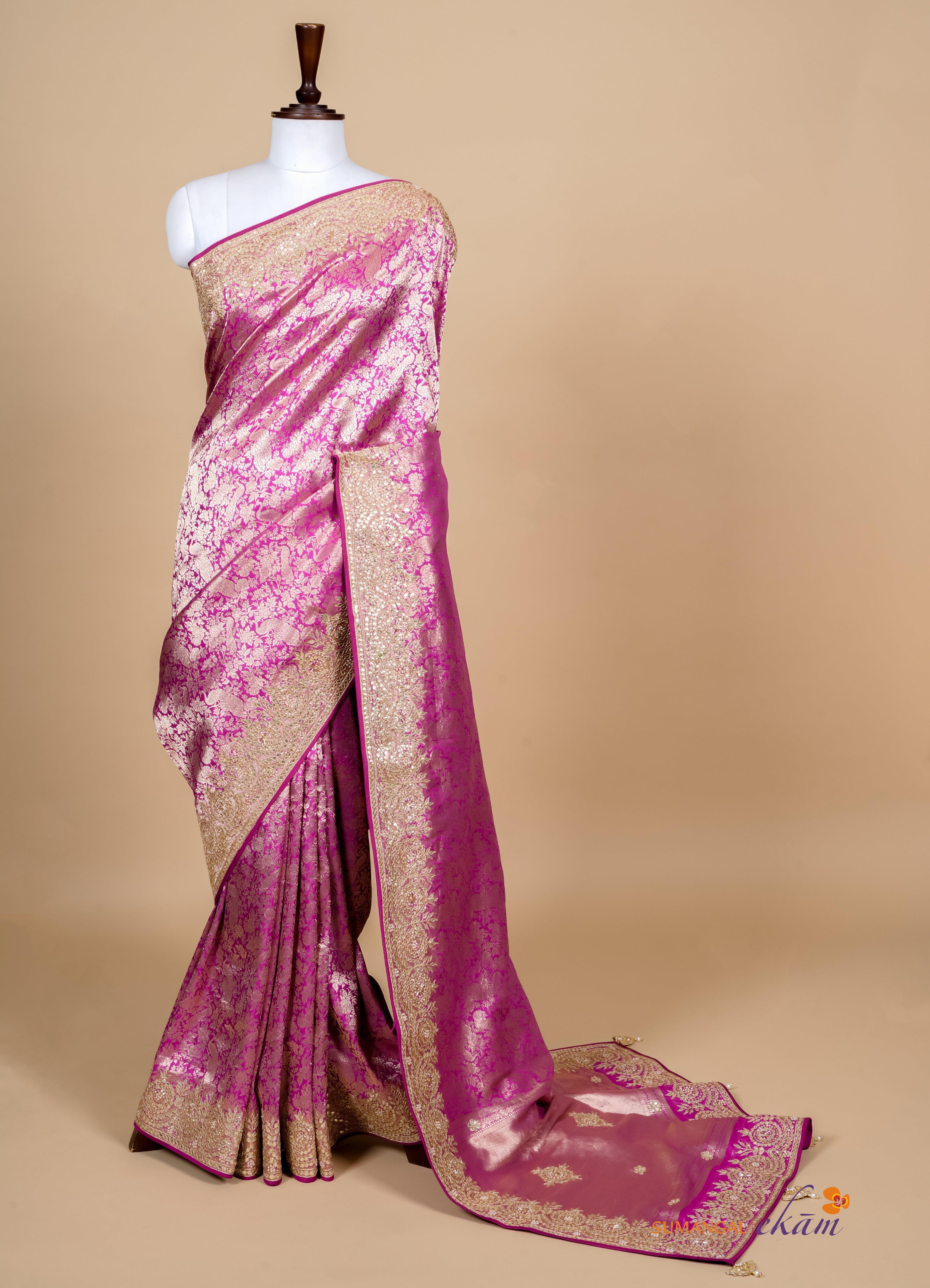 Handwoven Magenta Banarasi Katan Soft Silk Saree - Sumangal Ekam