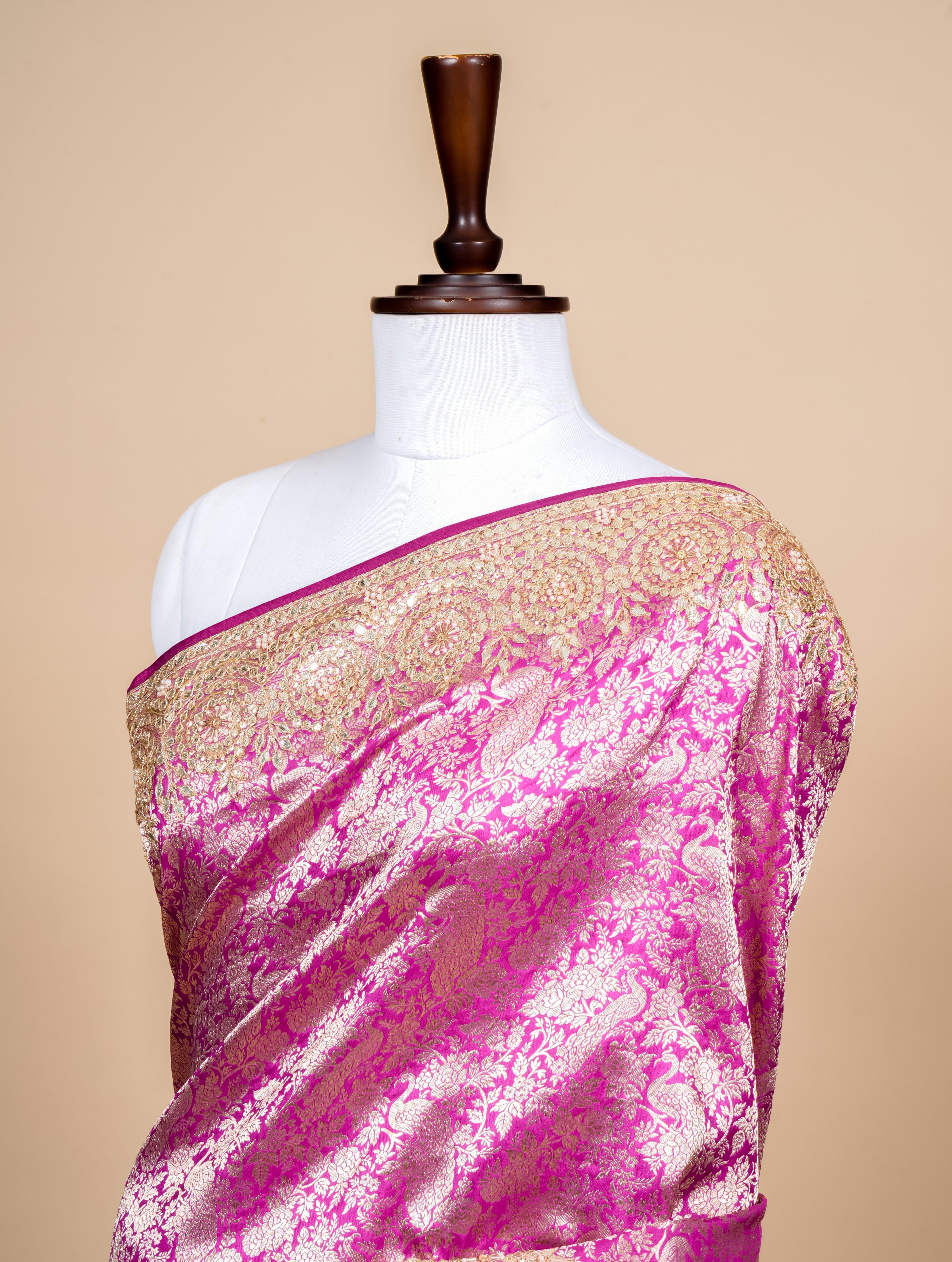 Handwoven Magenta Banarasi Katan Soft Silk Saree - Sumangal Ekam