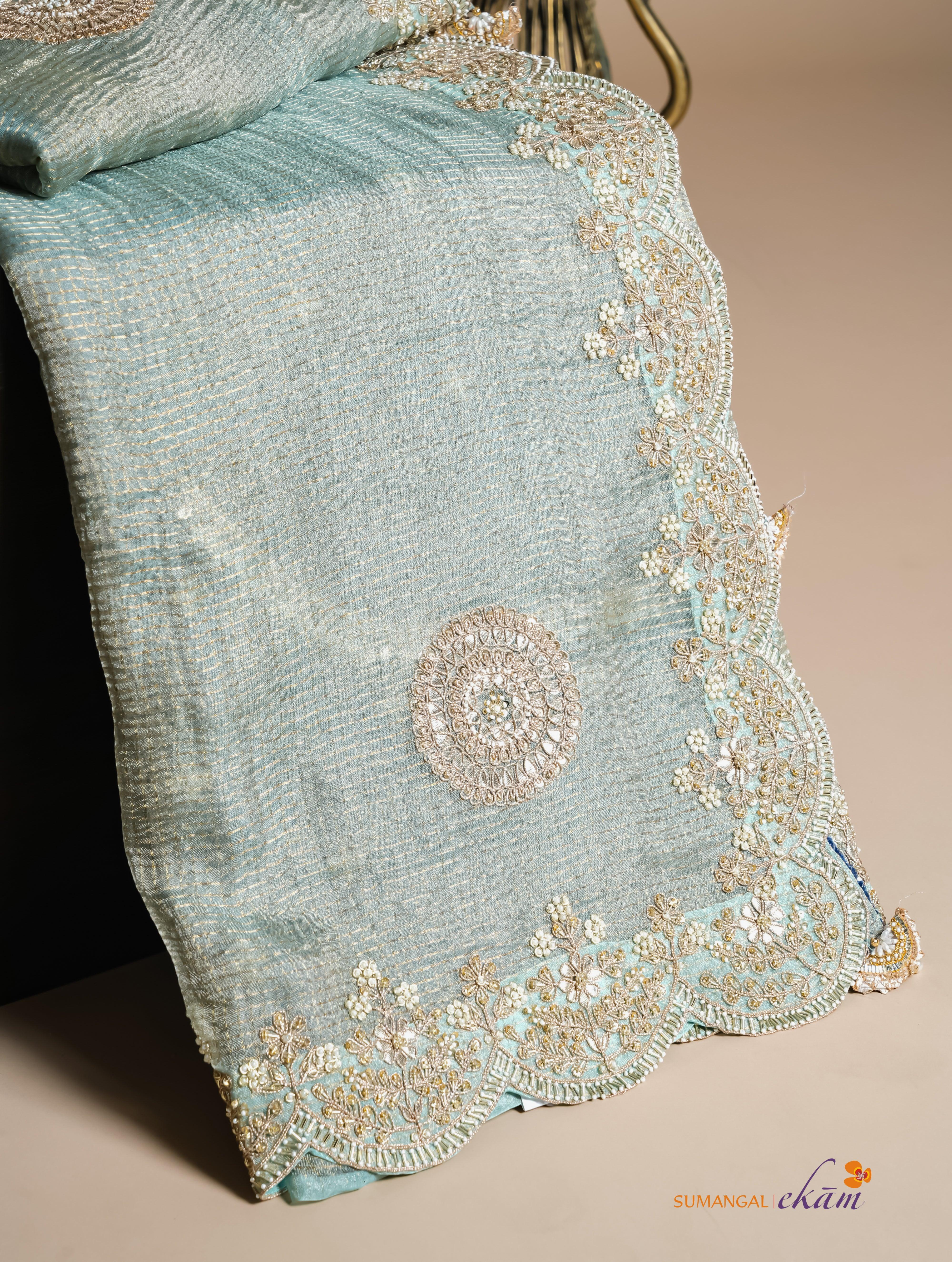 Designer Pastel Green Crush Tissue Silk Saree - Sumangal Ekam