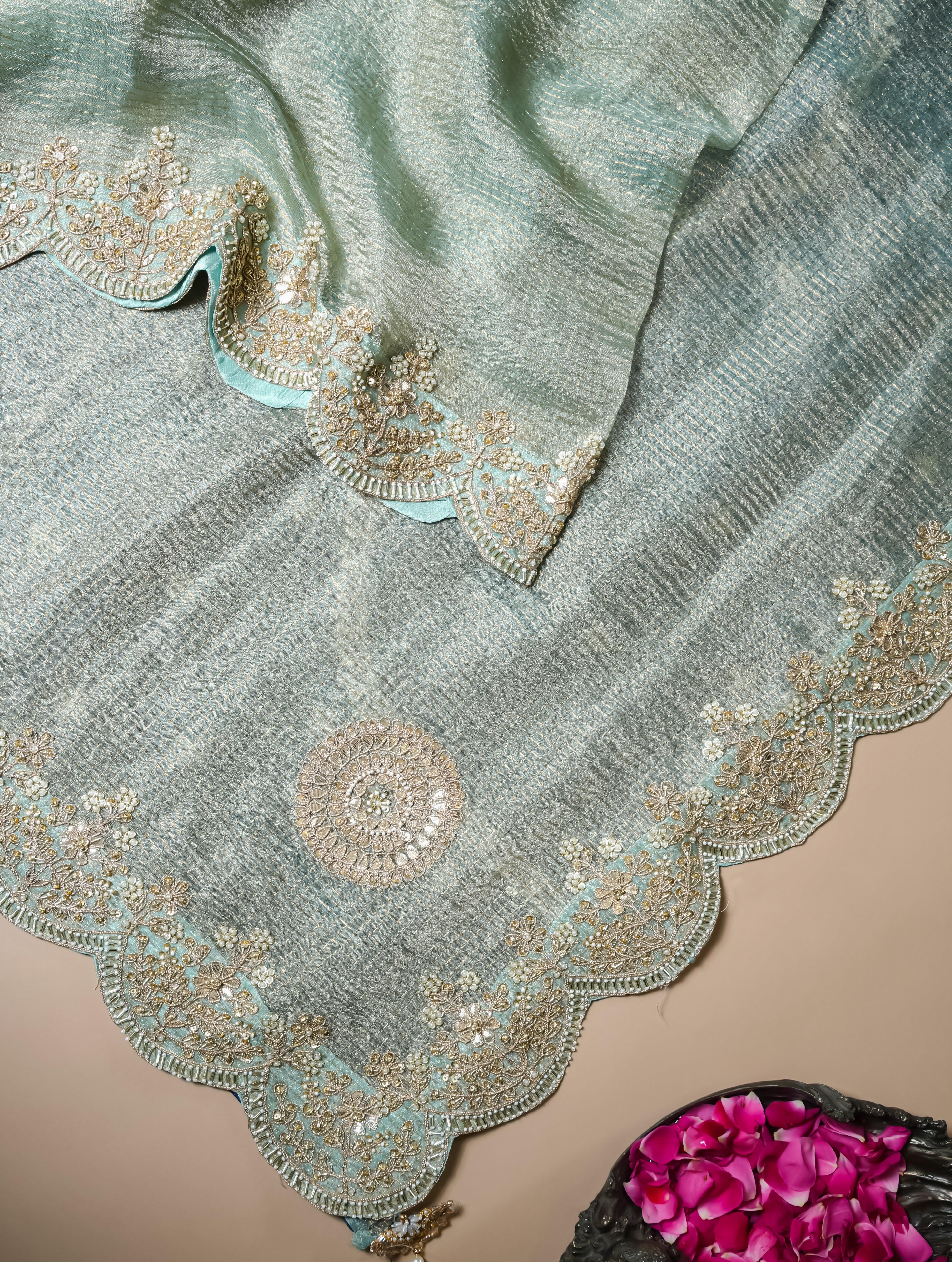 Designer Pastel Green Crush Tissue Silk Saree - Sumangal Ekam