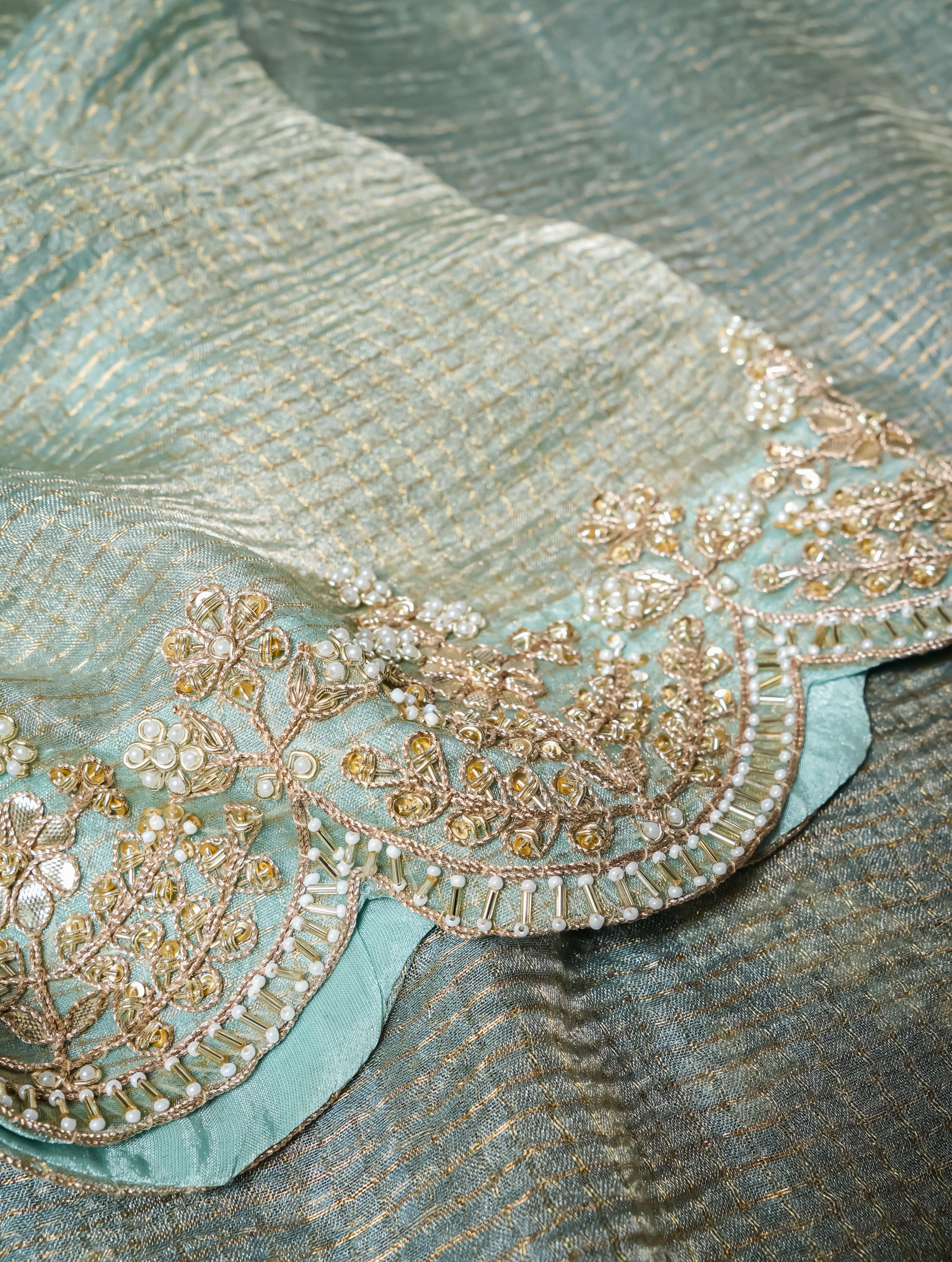 Designer Pastel Green Crush Tissue Silk Saree - Sumangal Ekam