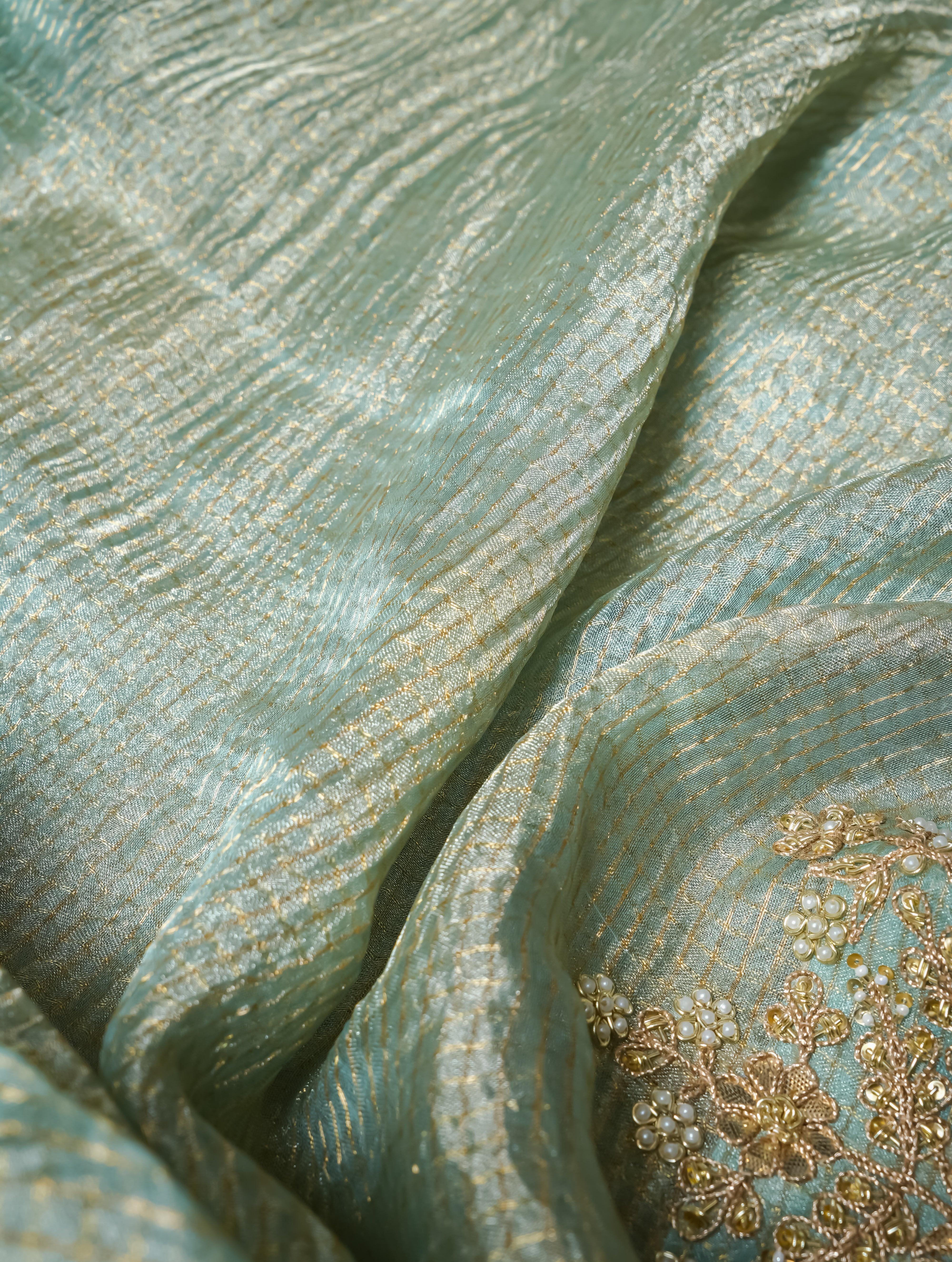 Designer Pastel Green Crush Tissue Silk Saree - Sumangal Ekam