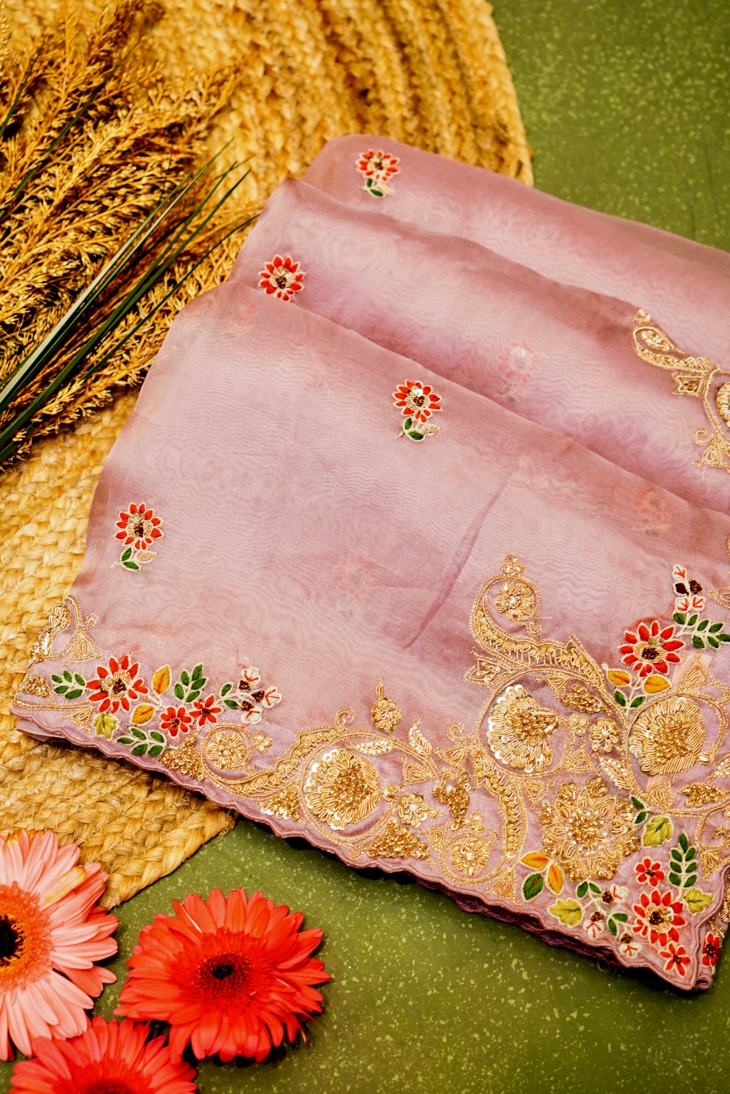 Designer Pink Organza Silk Saree