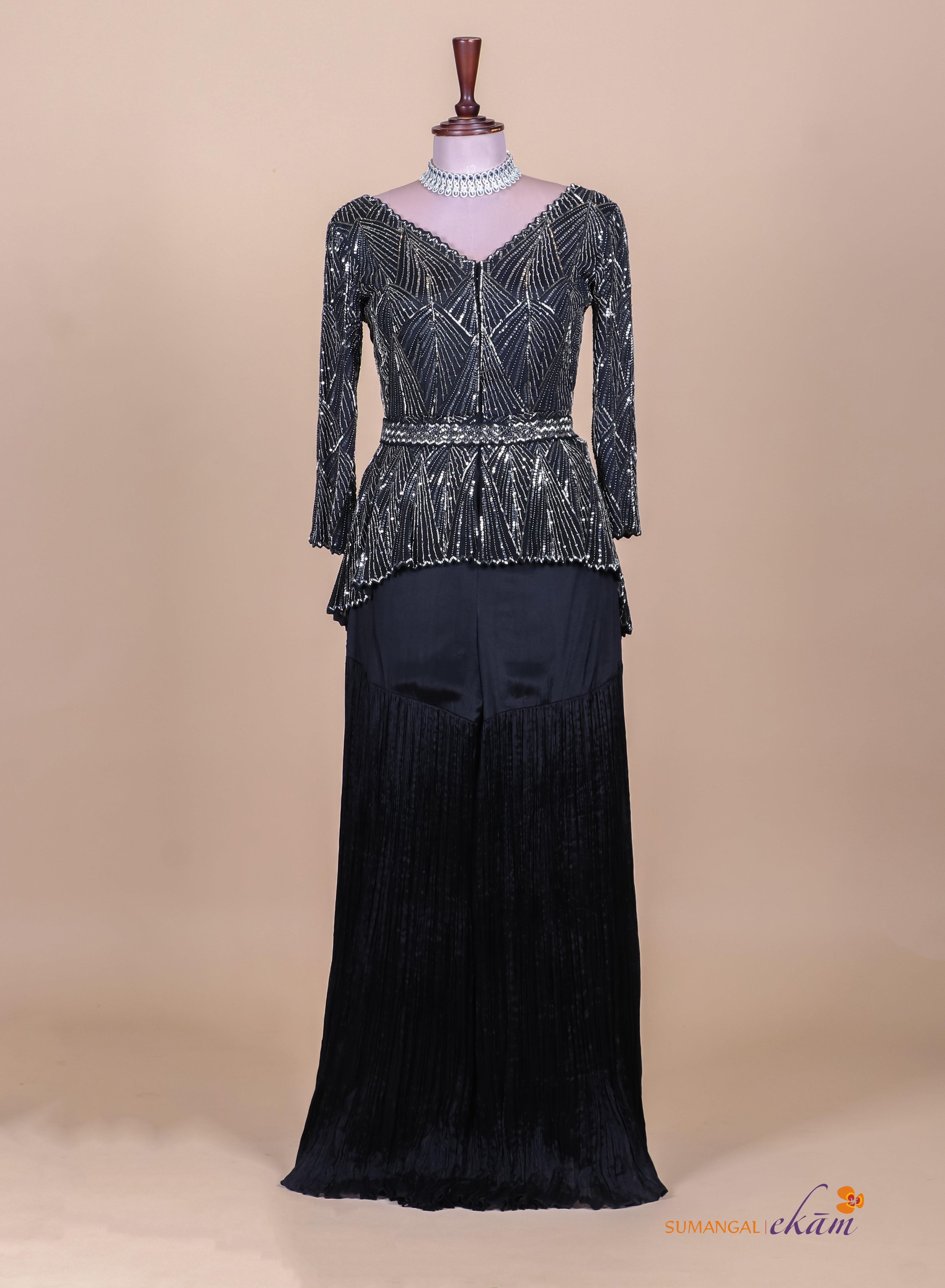 Designer Black Pure Chiffon Party Wear Kurti Plazo - Sumangal Ekam