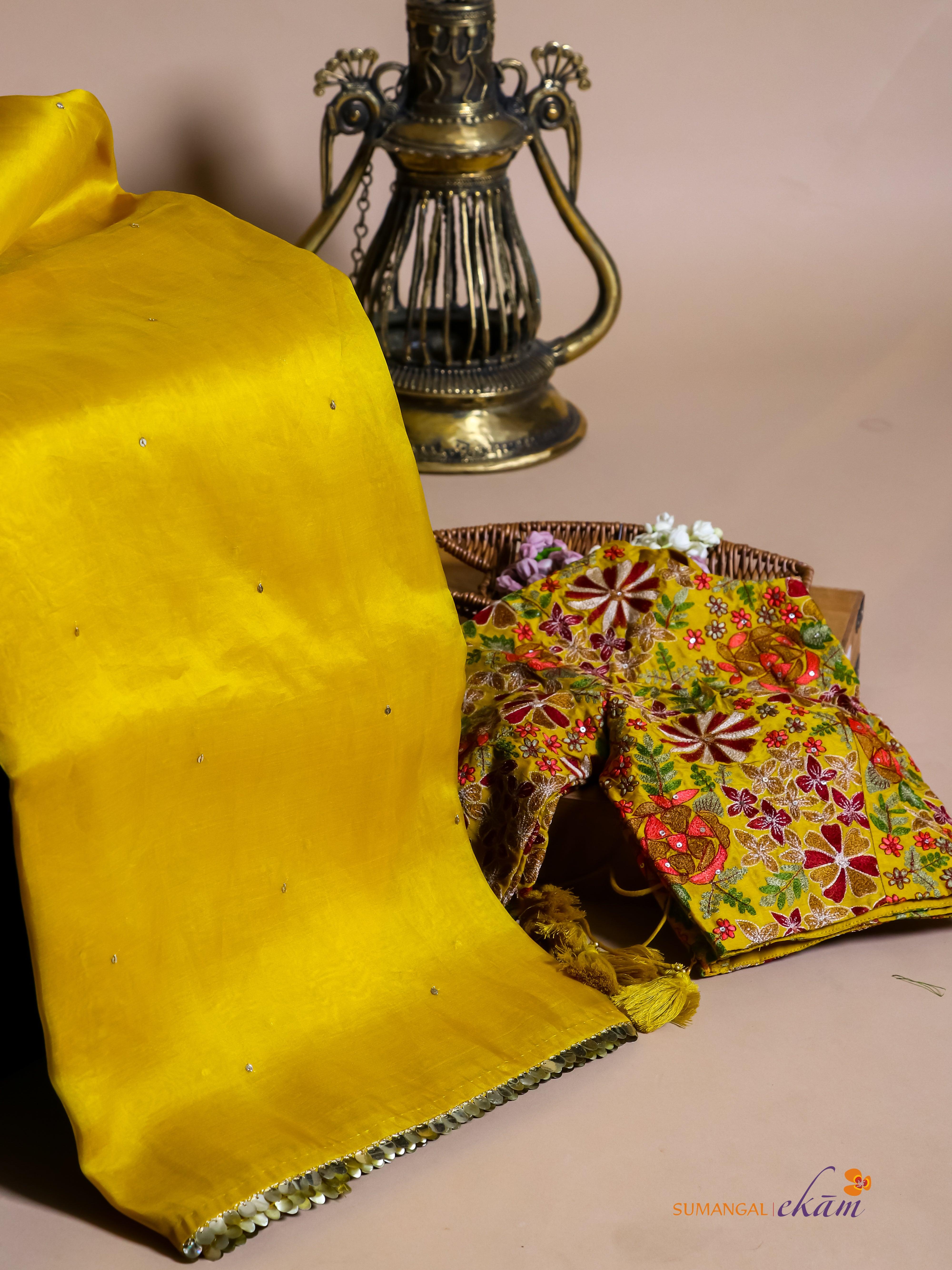 Designer Mustard Yellow Kora Silk Saree - Sumangal Ekam