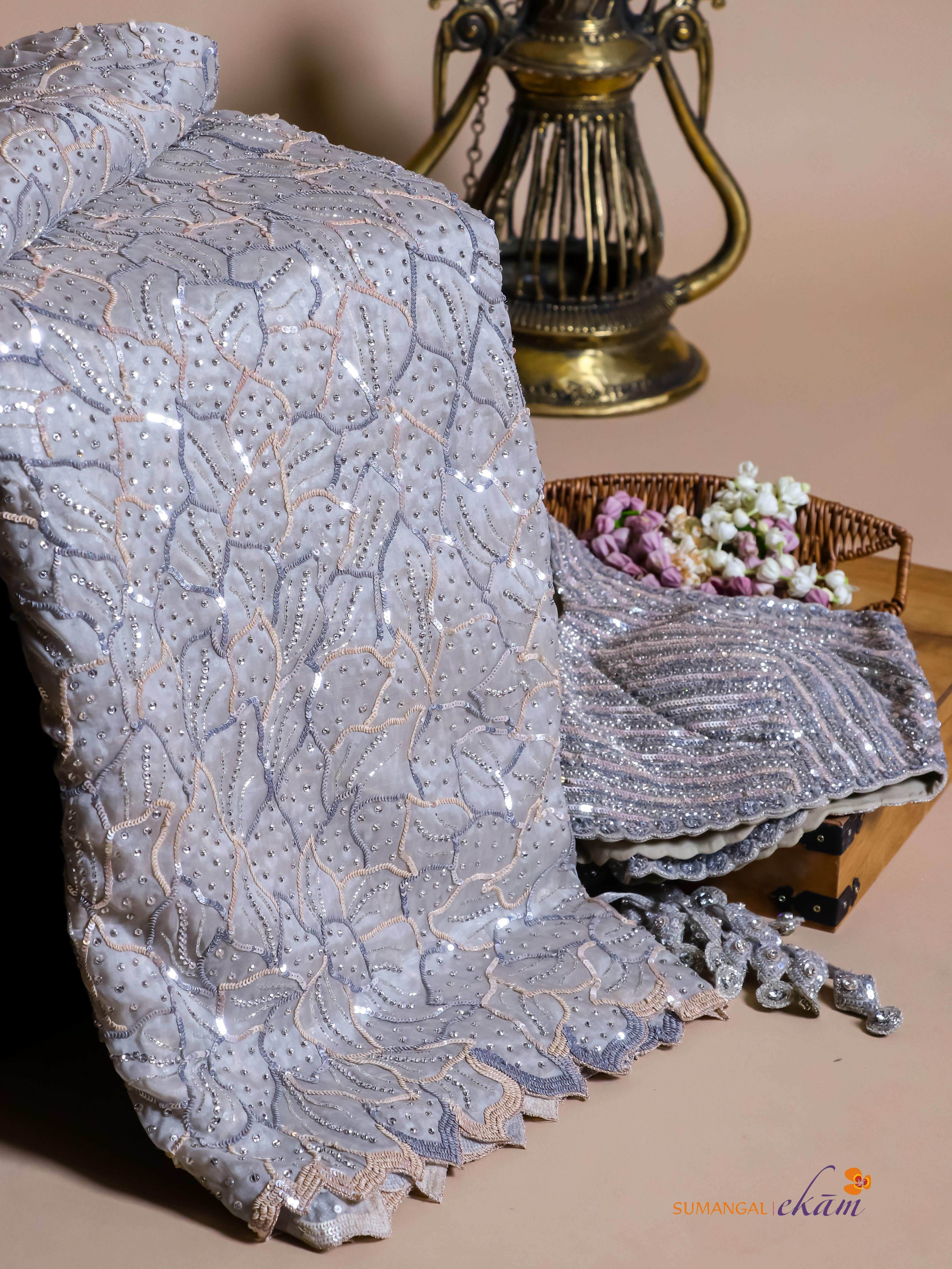 Designer Silver Grey Organza Silk Saree - Sumangal Ekam