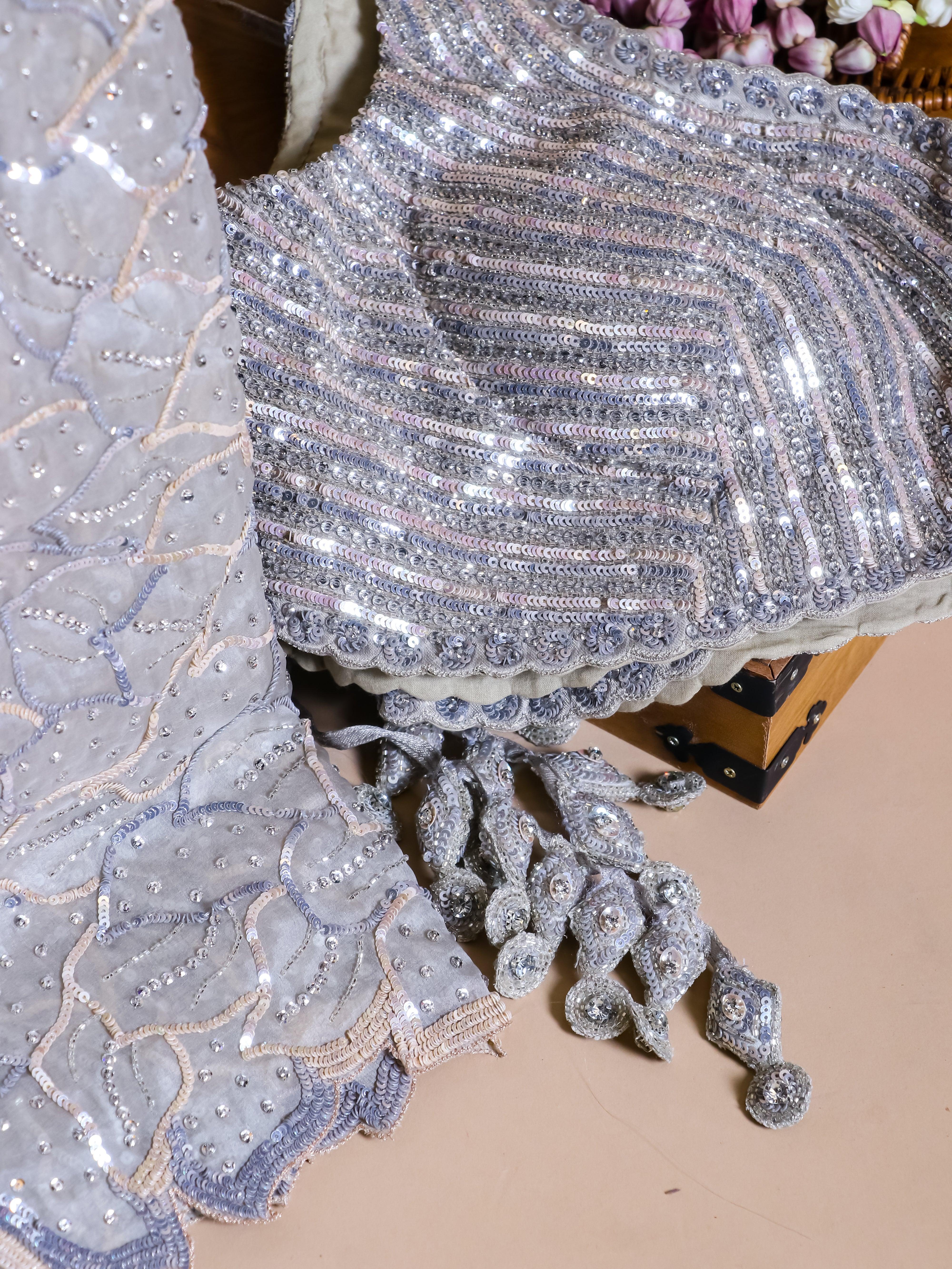 Designer Silver Grey Organza Silk Saree - Sumangal Ekam