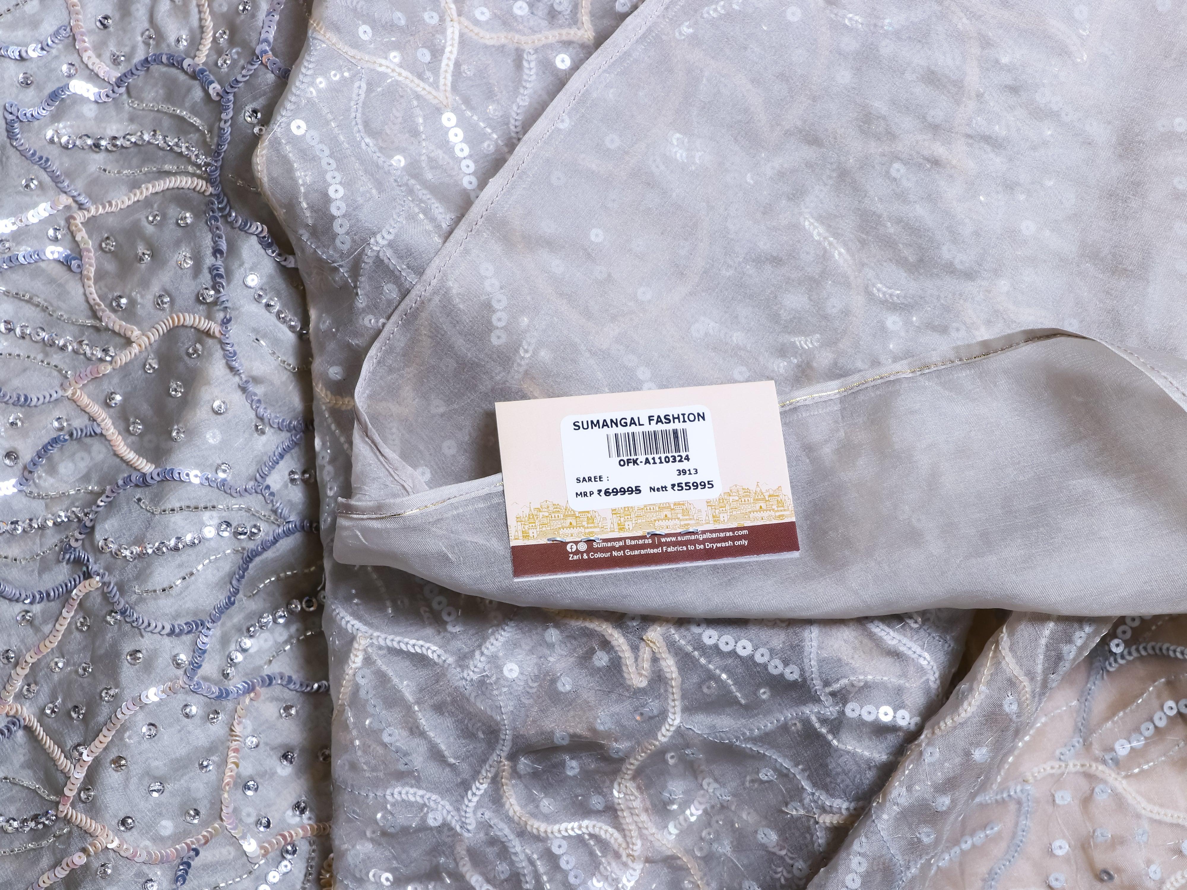 Designer Silver Grey Organza Silk Saree - Sumangal Ekam