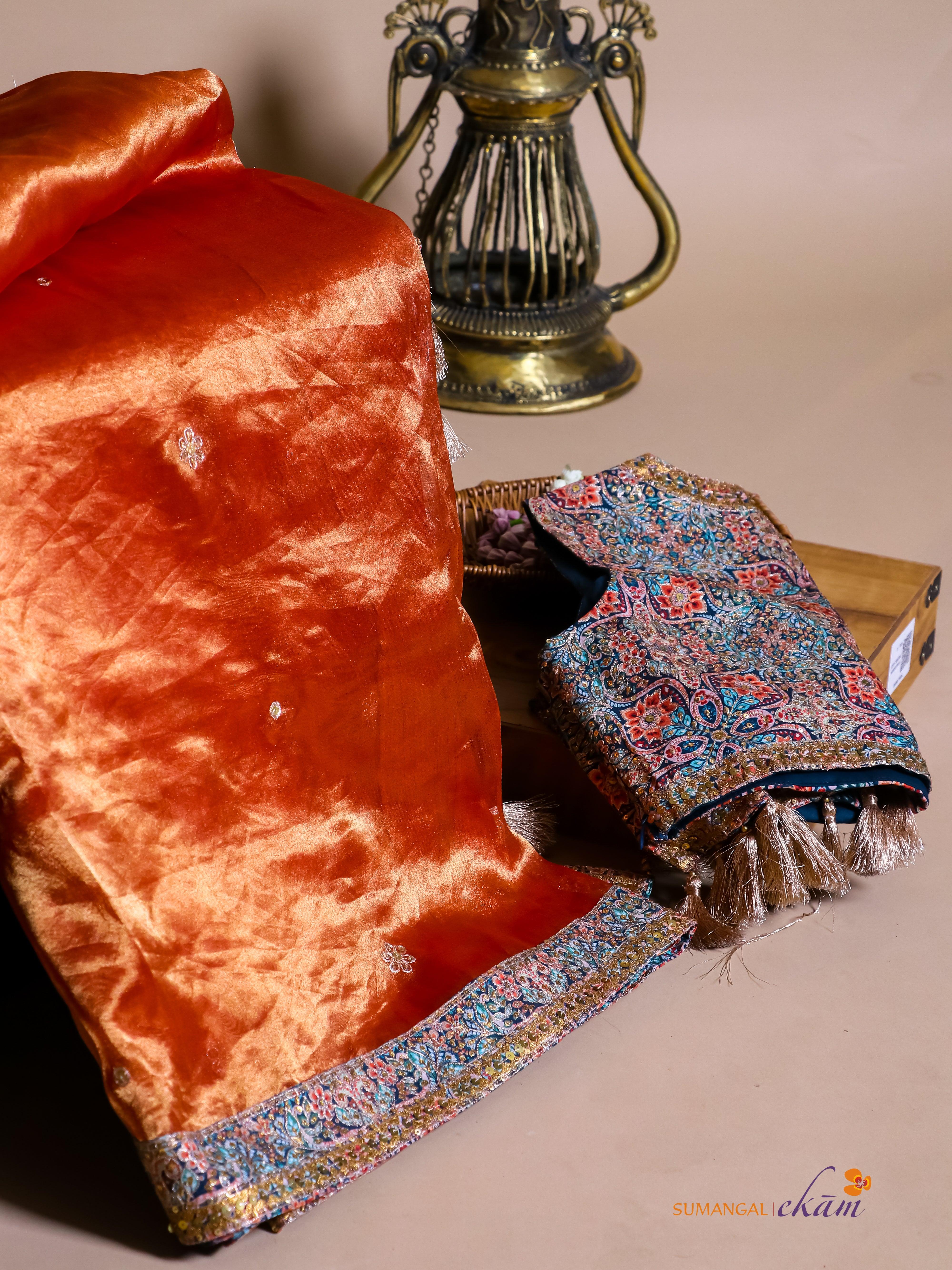 Designer Light Orange Tissue Silk Saree - Sumangal Ekam