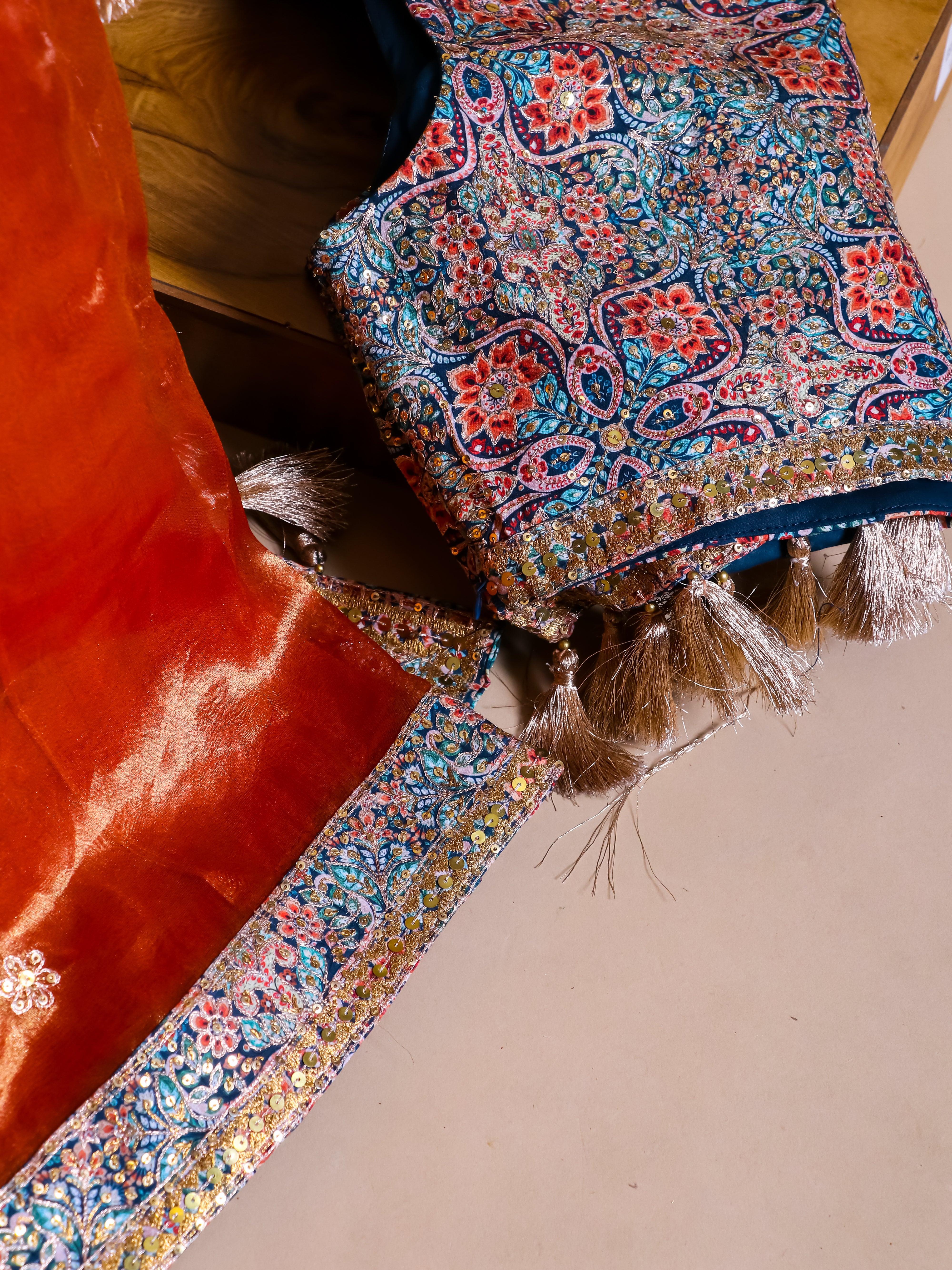 Designer Light Orange Tissue Silk Saree - Sumangal Ekam