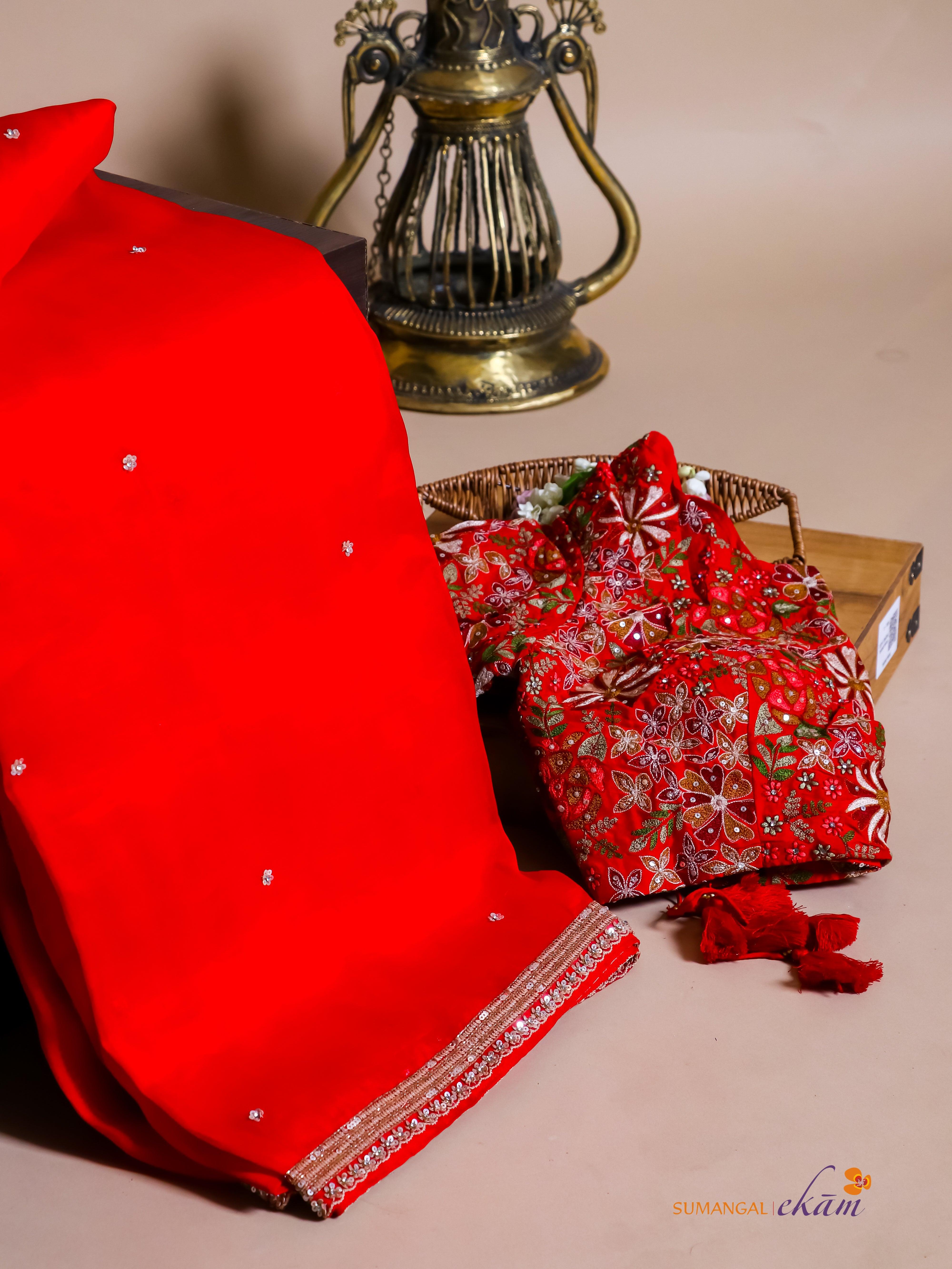 Designer Red Organza Silk Saree - Sumangal Ekam