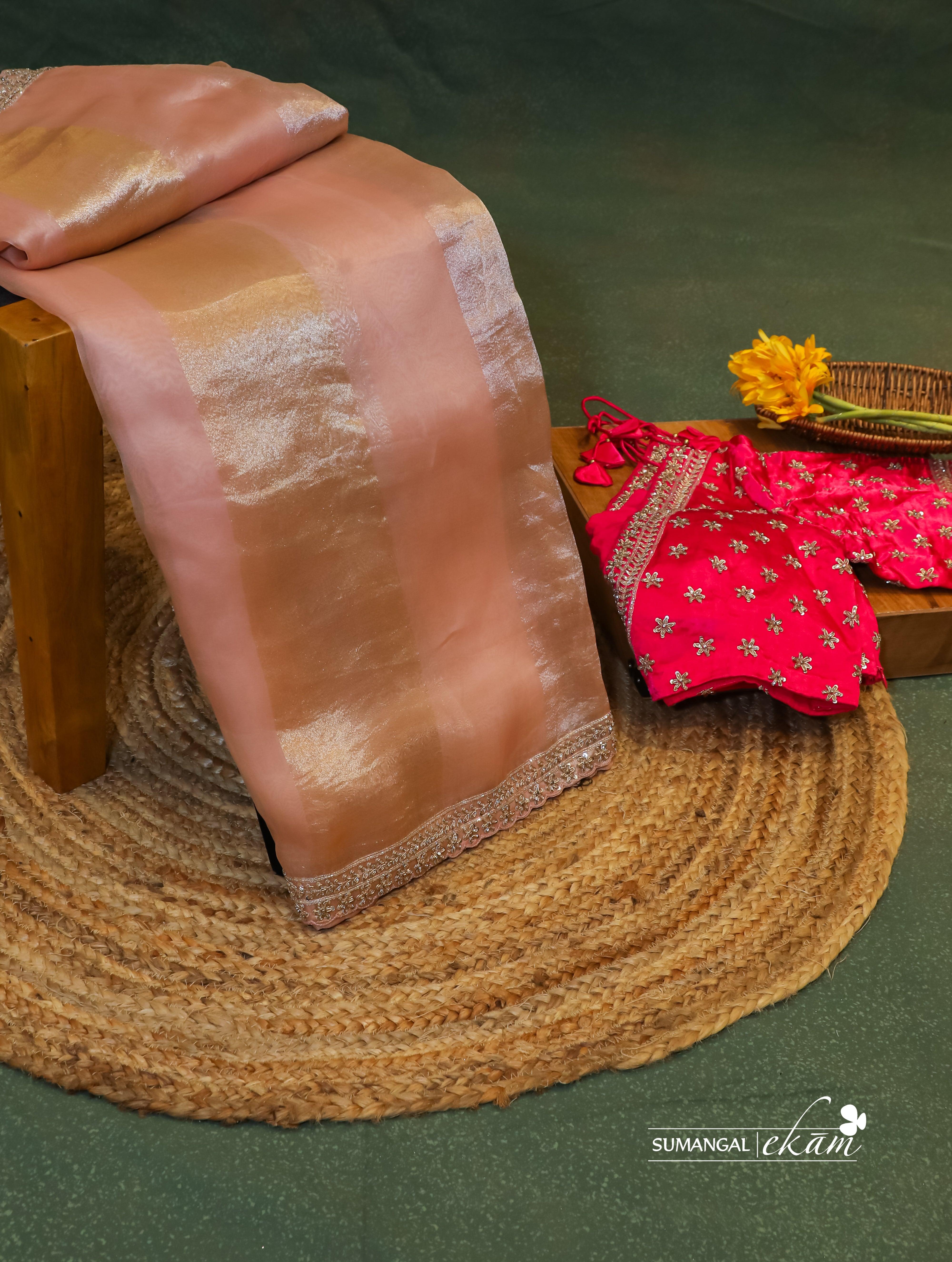 Designer Peach Tissue Silk Saree