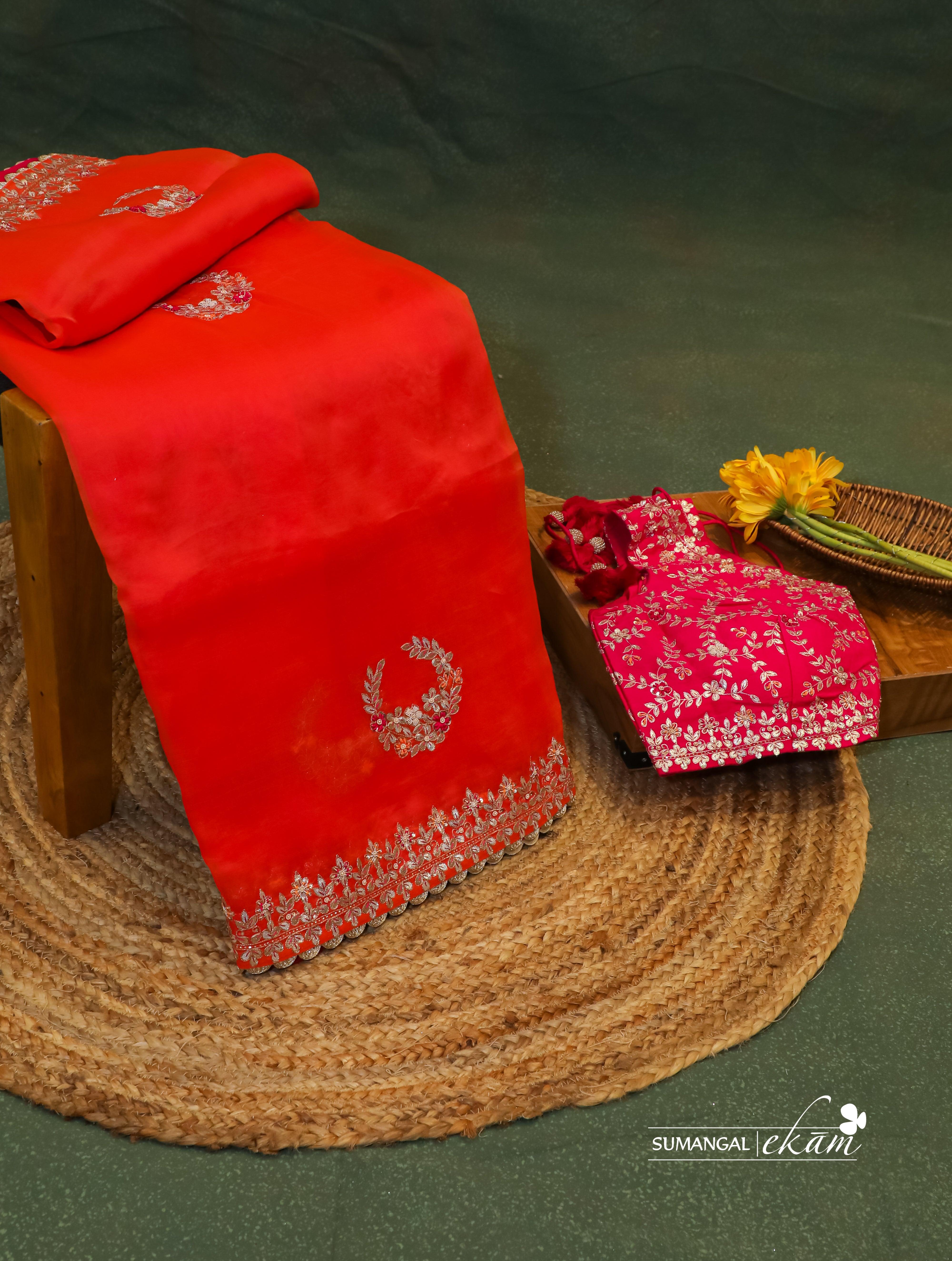 Designer Red Organza Silk Saree