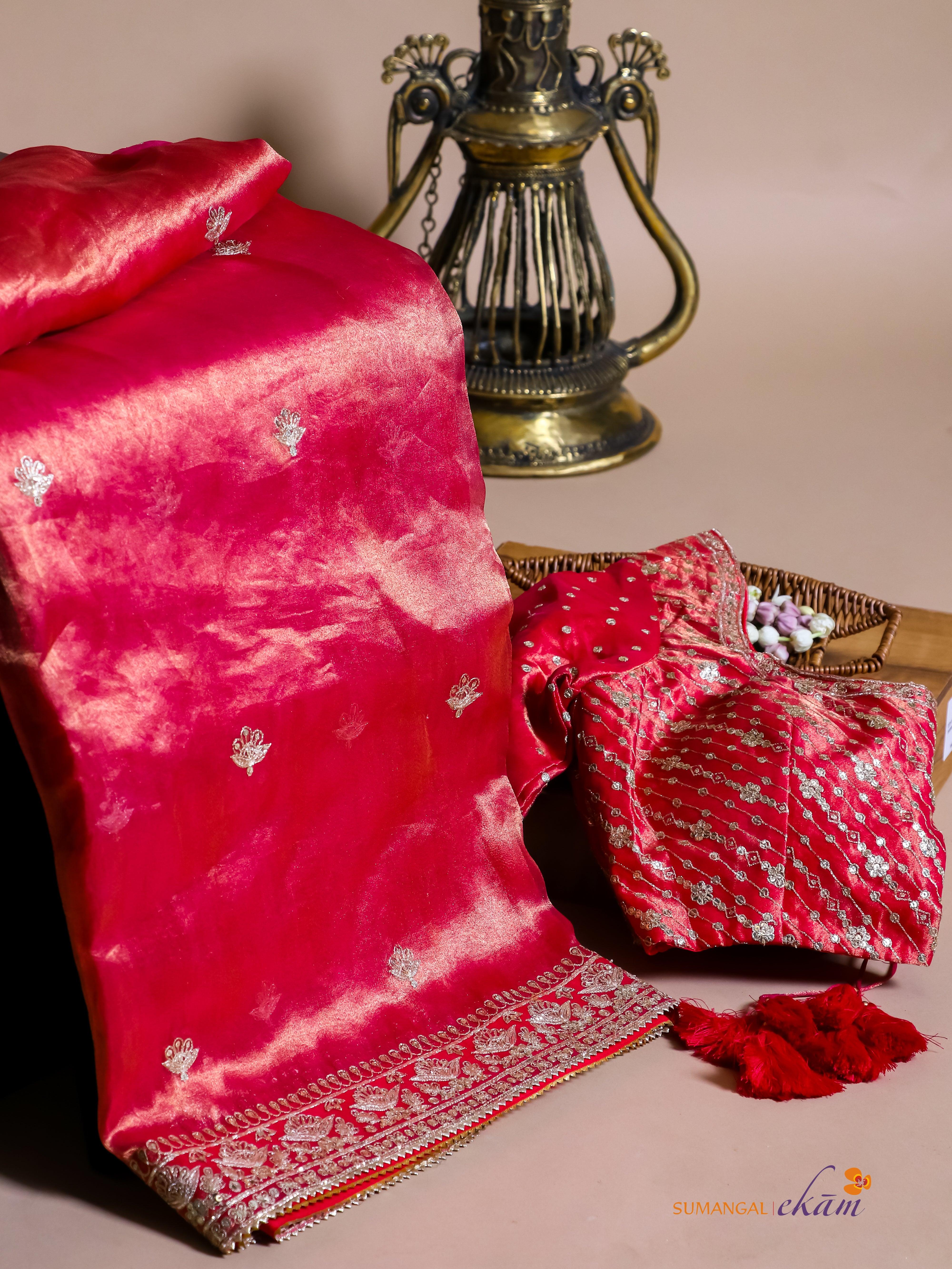 Designer Reddish Pink Tissue Katan Silk Saree - Sumangal Ekam