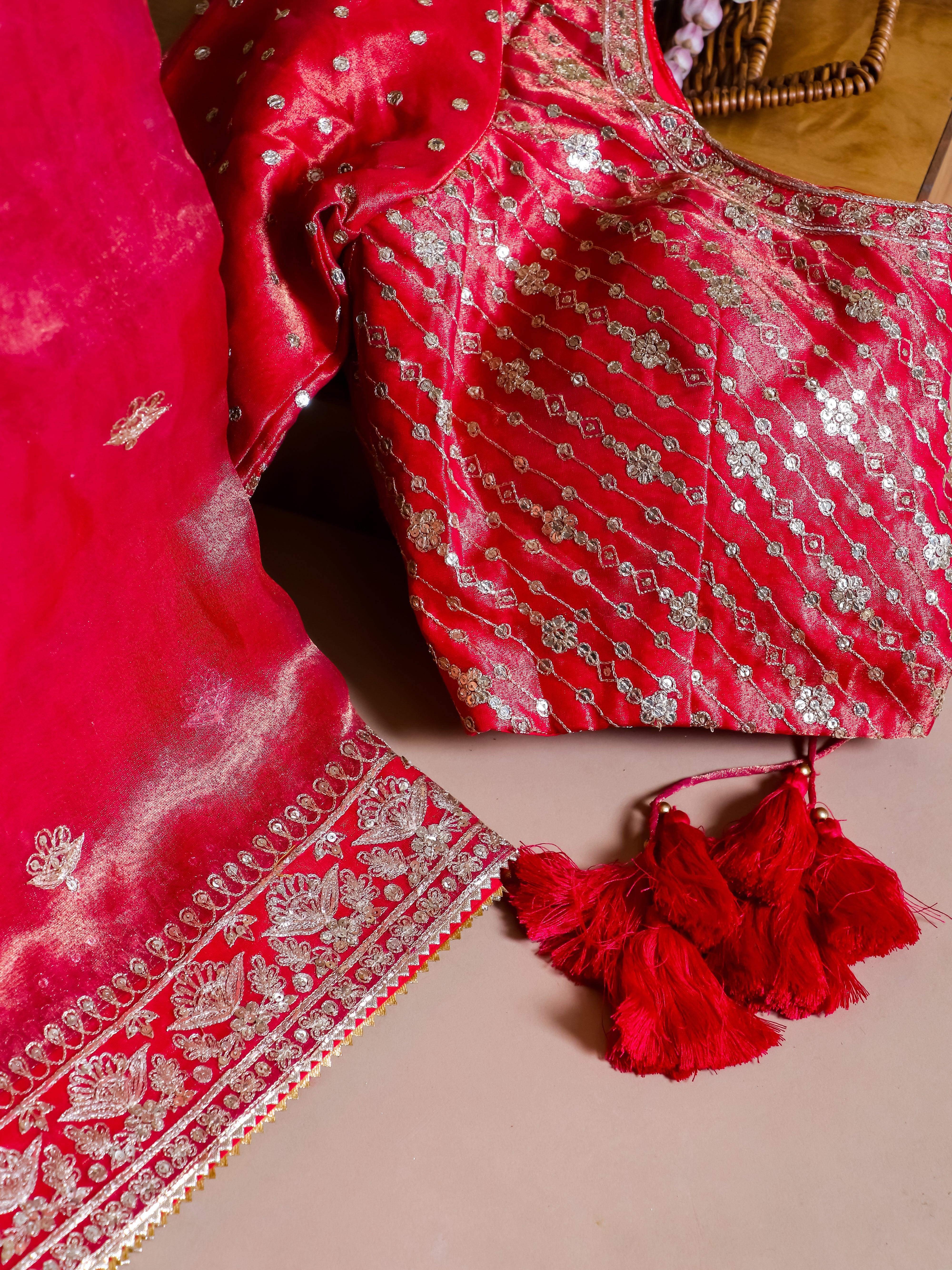 Designer Reddish Pink Tissue Katan Silk Saree - Sumangal Ekam