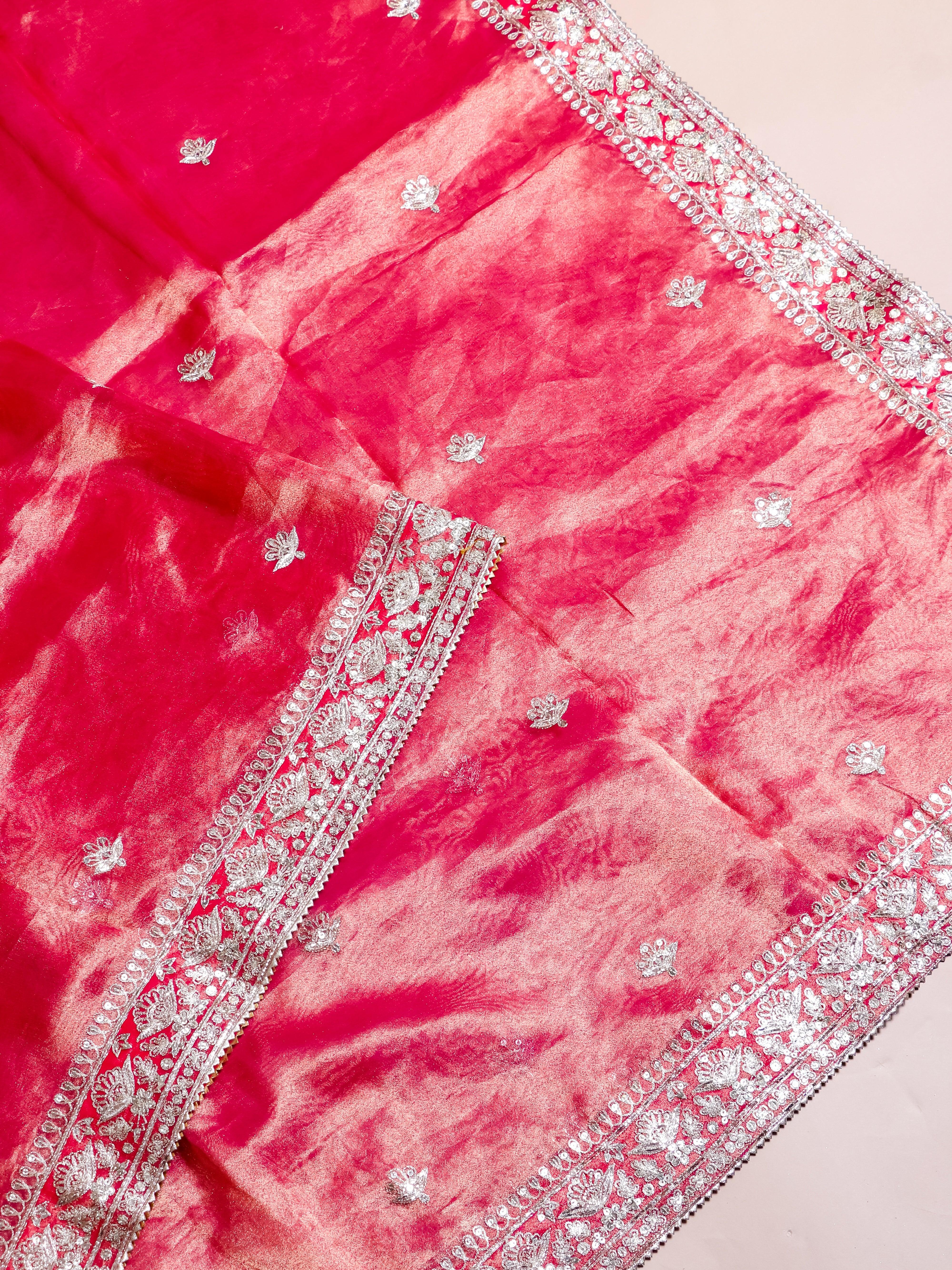 Designer Reddish Pink Tissue Katan Silk Saree - Sumangal Ekam