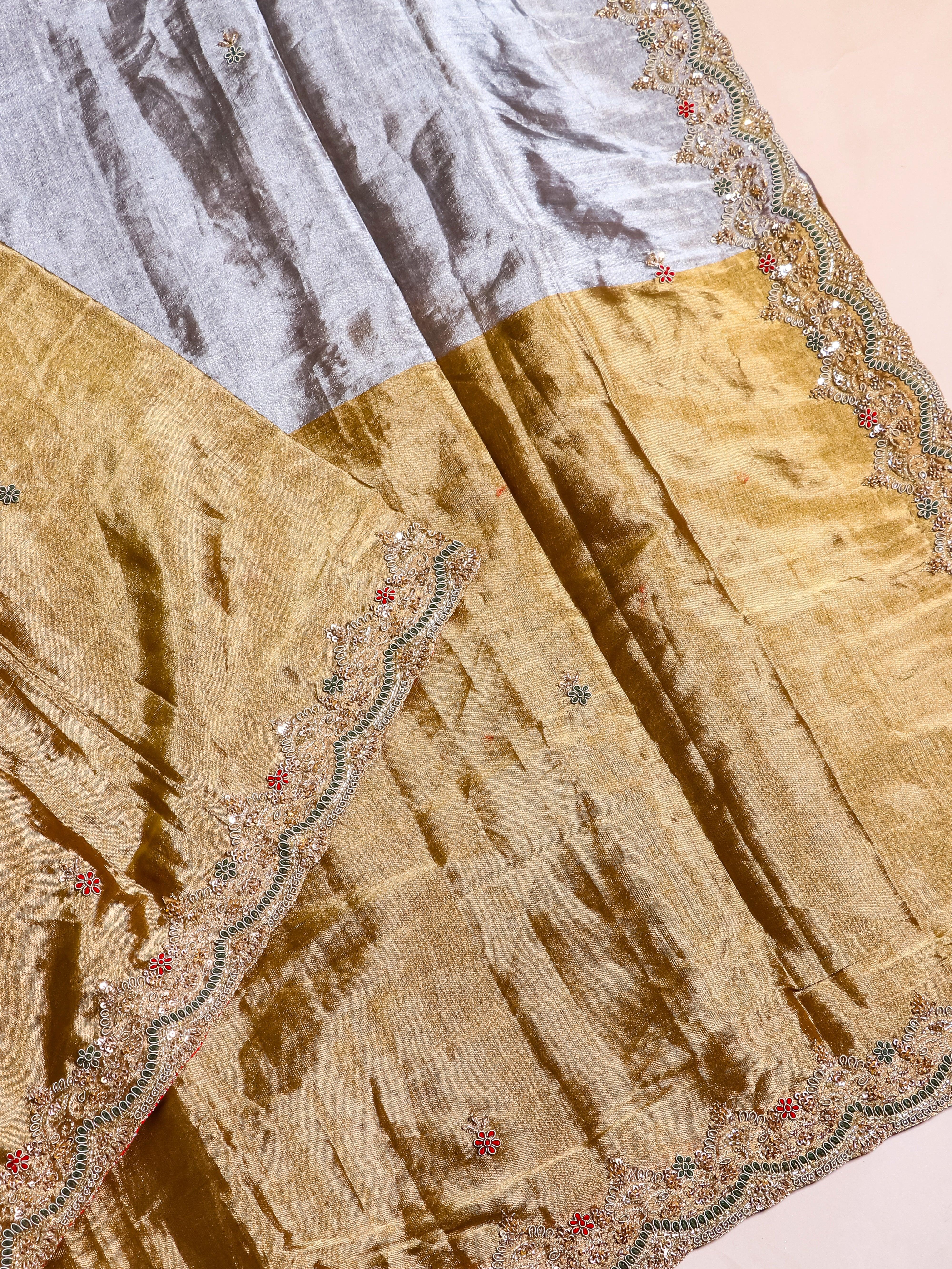 Designer Greenish Yellow Tissue Silk Saree - Sumangal Ekam