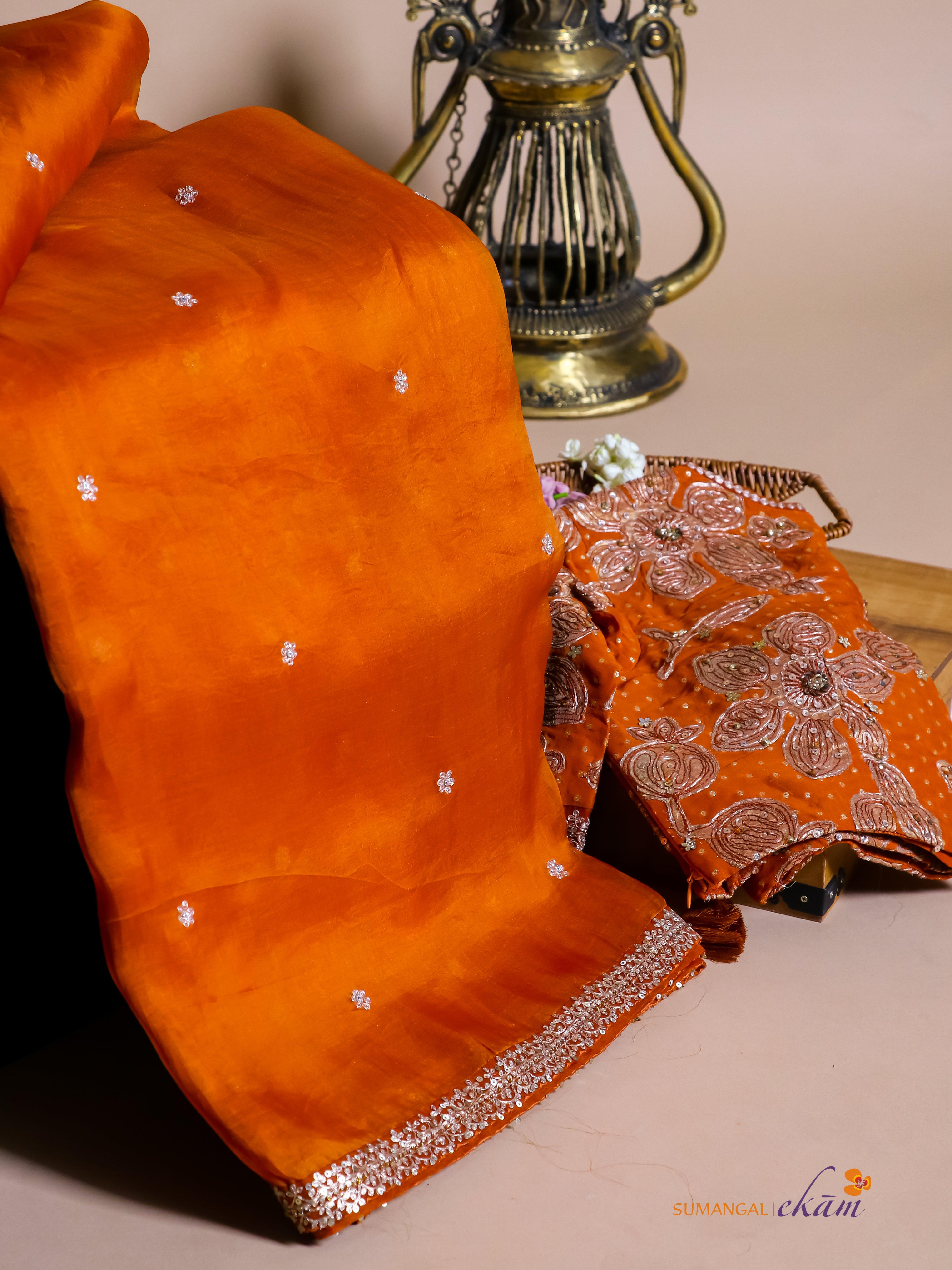 Designer Orange Kora Silk Saree - Sumangal Ekam
