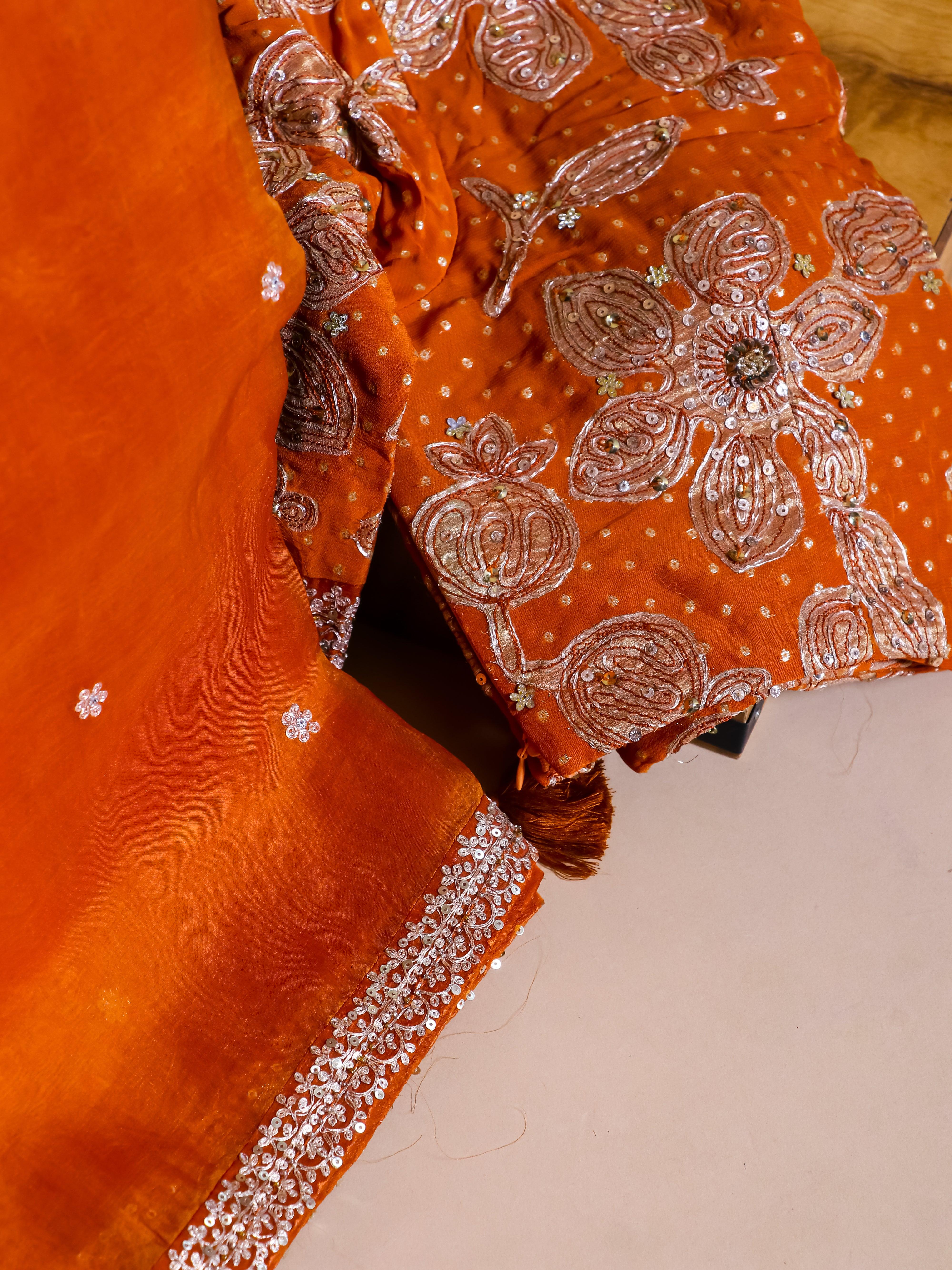 Designer Orange Kora Silk Saree - Sumangal Ekam