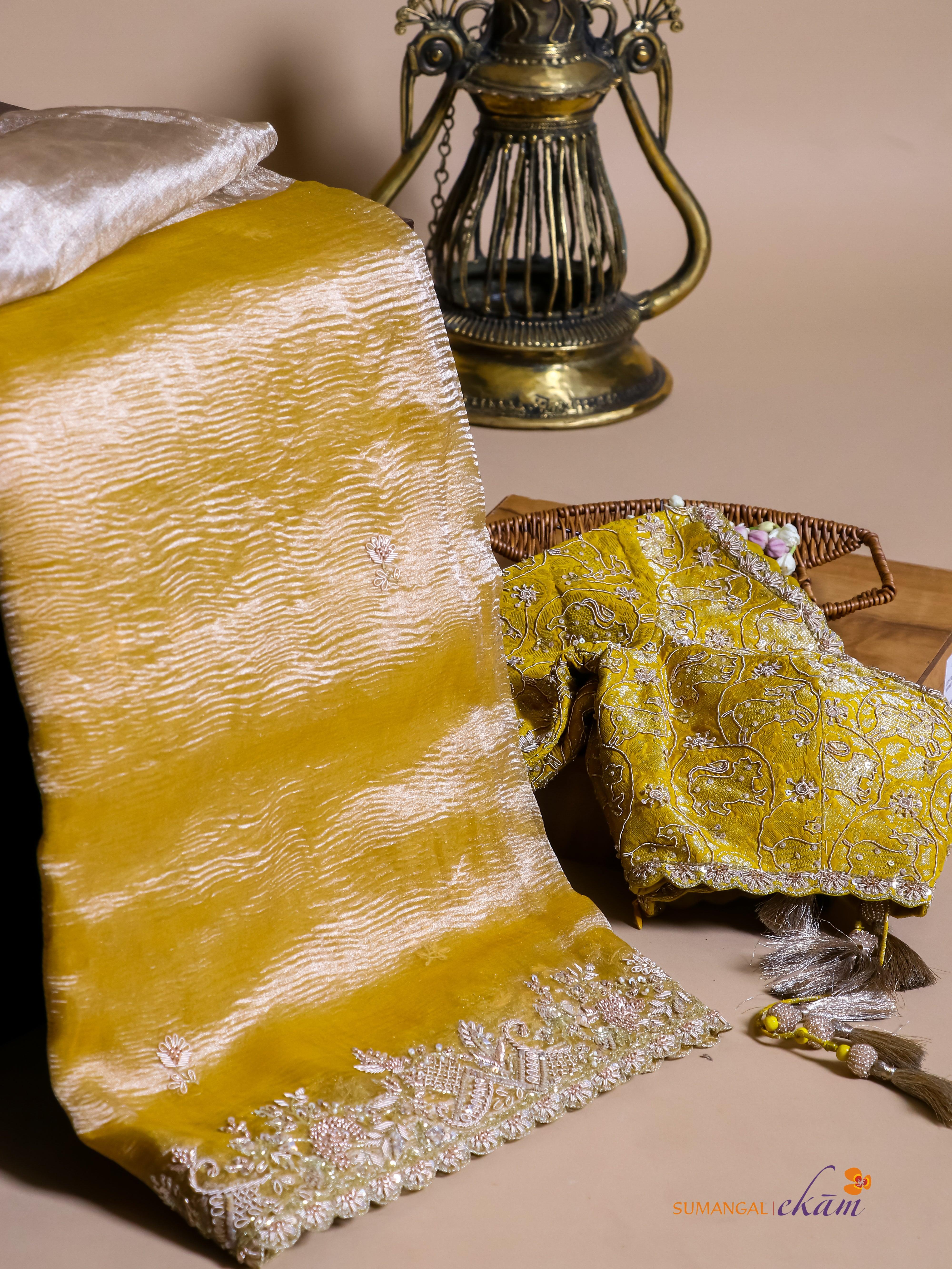 Designer Lemon Yellow Crush Tissue Silk Saree - Sumangal Ekam