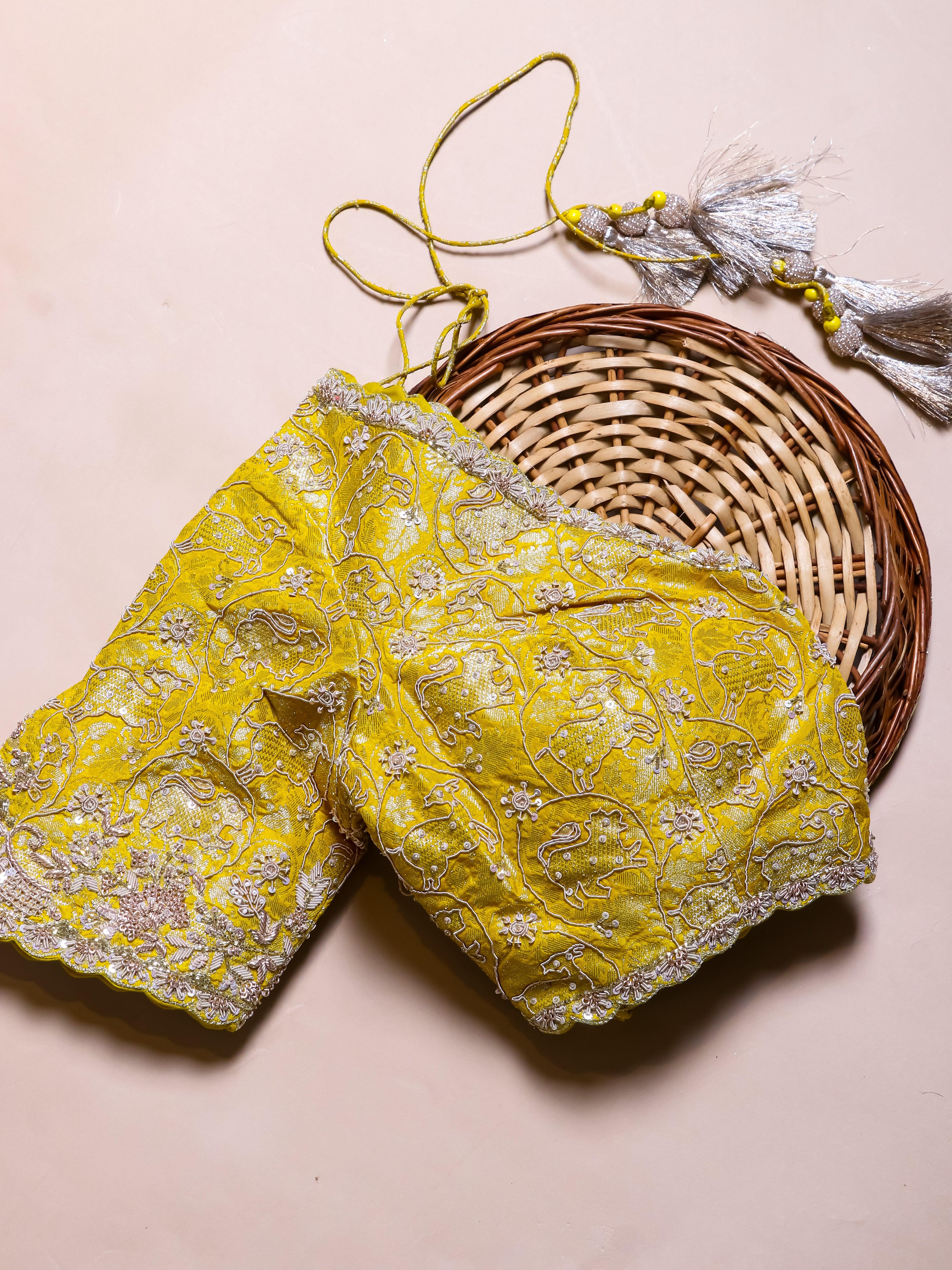 Designer Lemon Yellow Crush Tissue Silk Saree - Sumangal Ekam