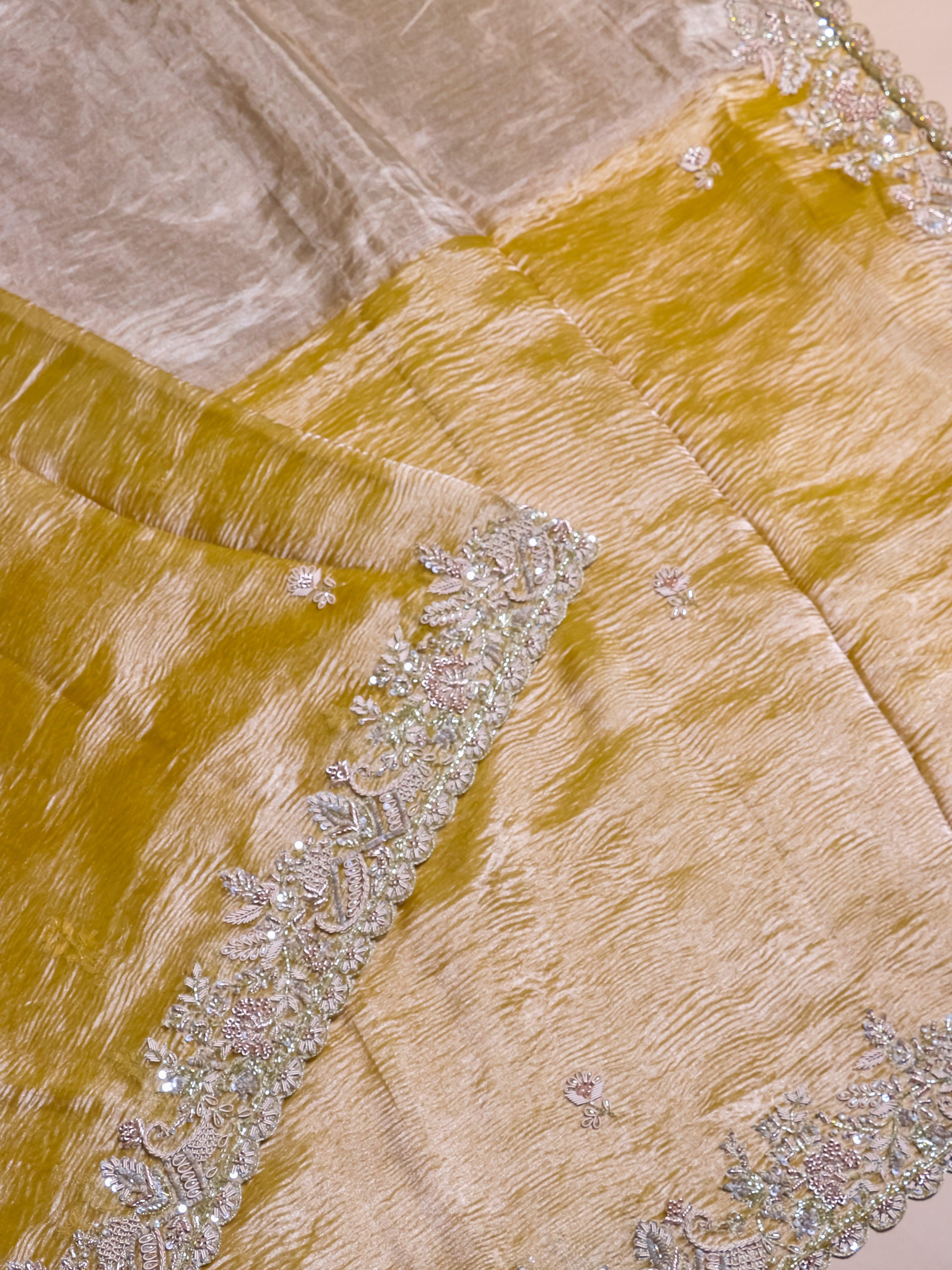 Designer Lemon Yellow Crush Tissue Silk Saree - Sumangal Ekam