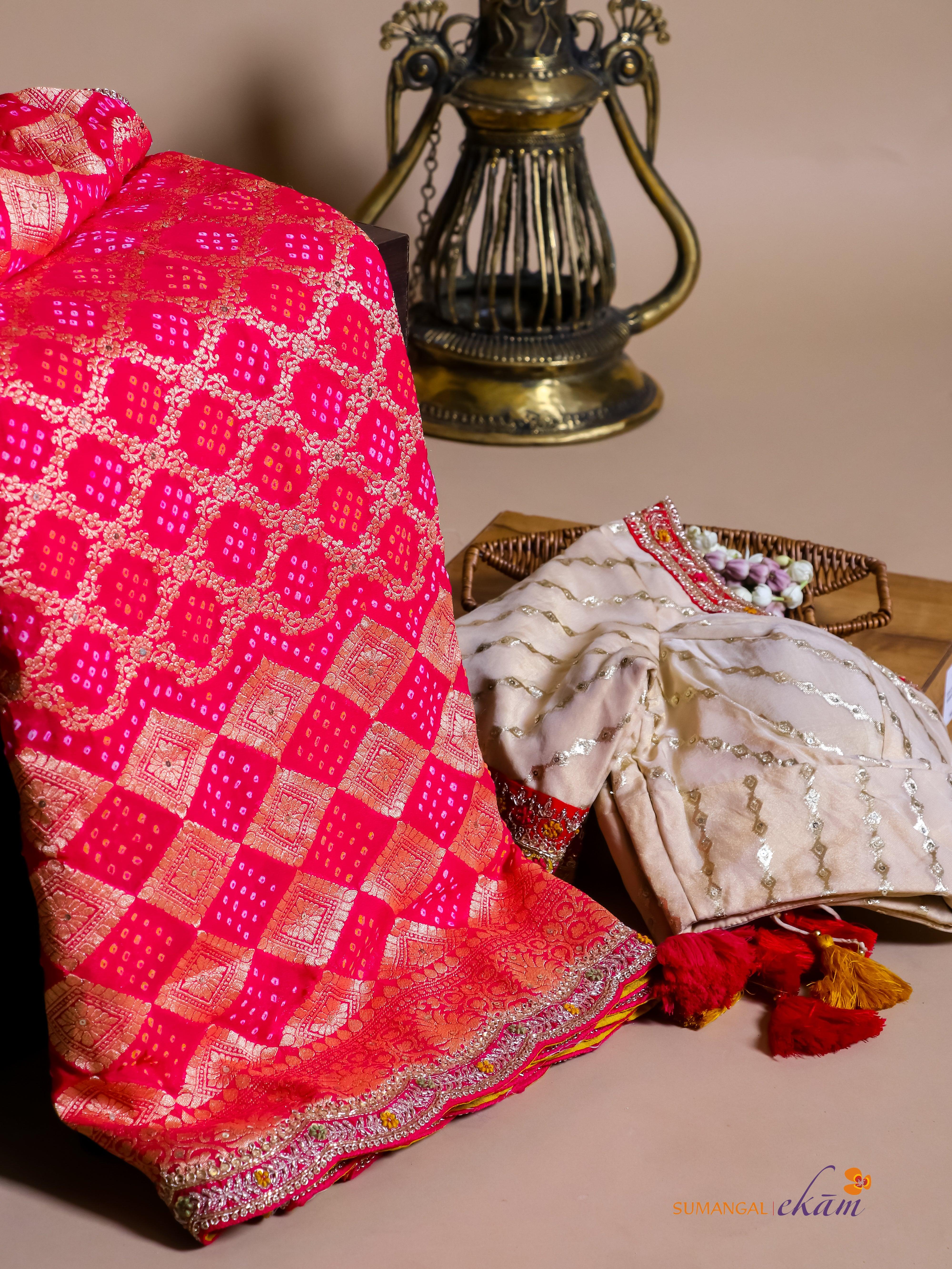 Handwoven Reddish Pink Banarasi Khaddi Silk Saree - Sumangal Ekam