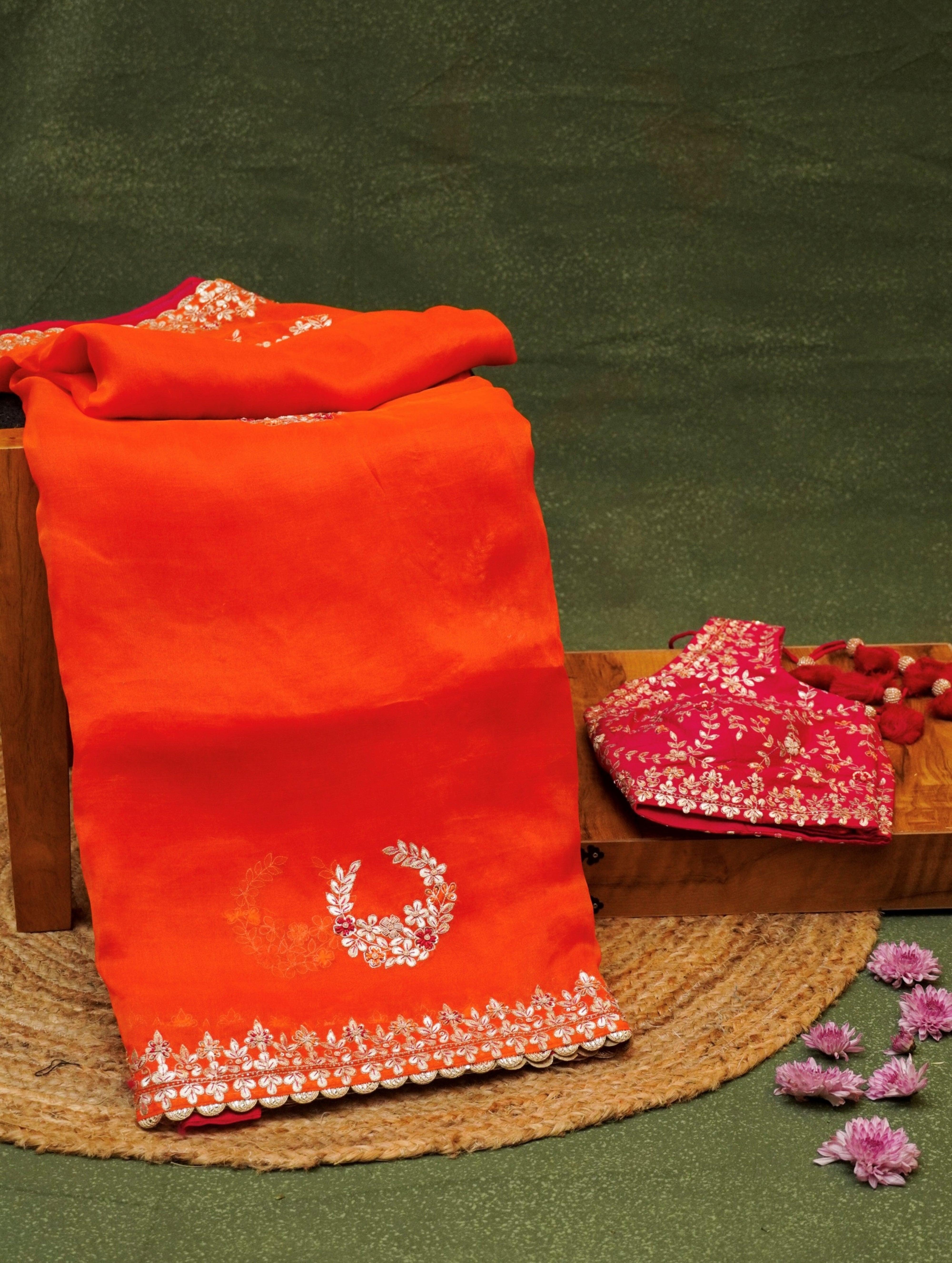 Designer Orange Organza Silk Saree