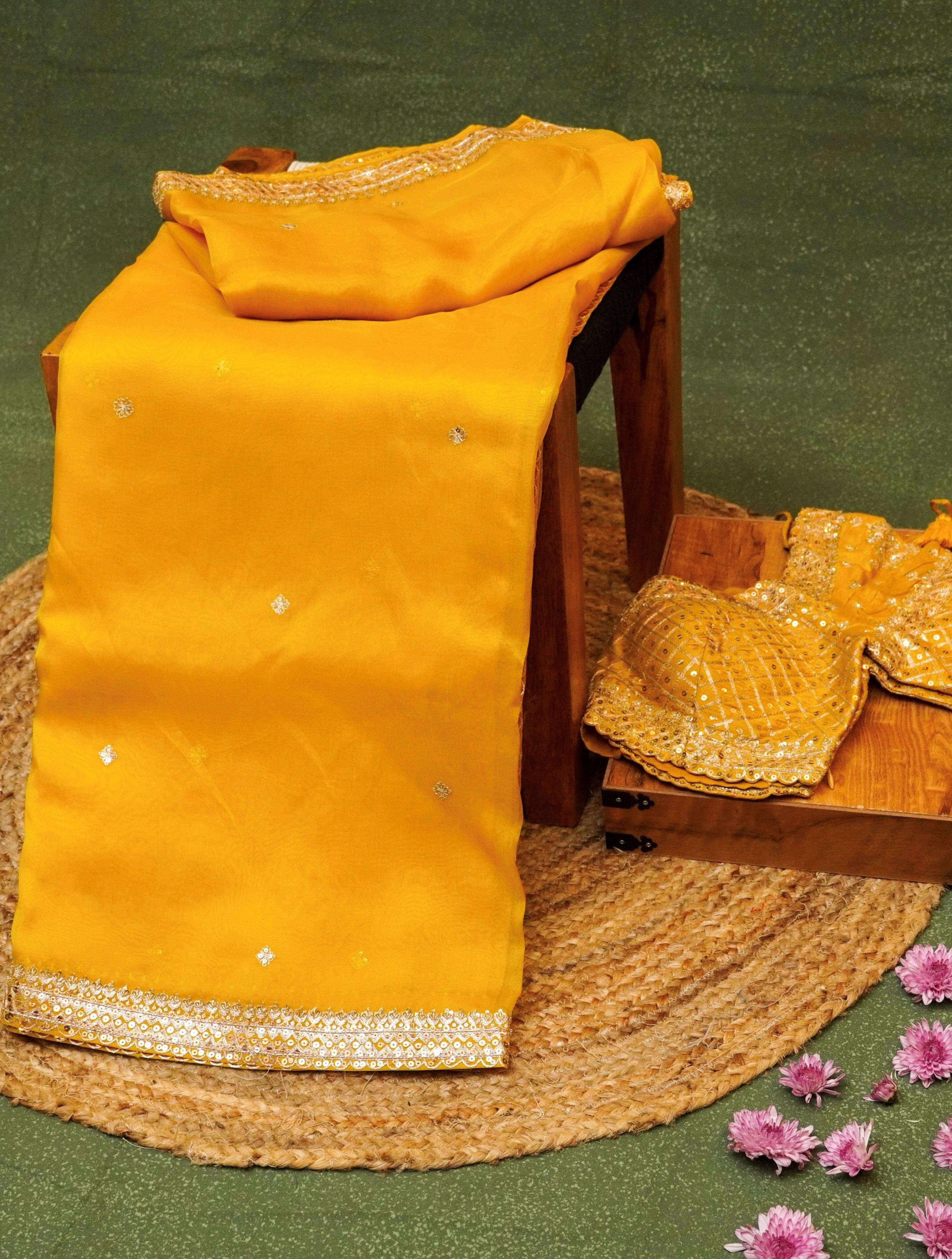 Designer Yellow Organza Silk Saree